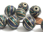 2 Beads -Tibetan beads nepal beads tibet beads Thick oval ball shape Tibetan silver color turquoise lapis inlaid beads from Nepal - BD987