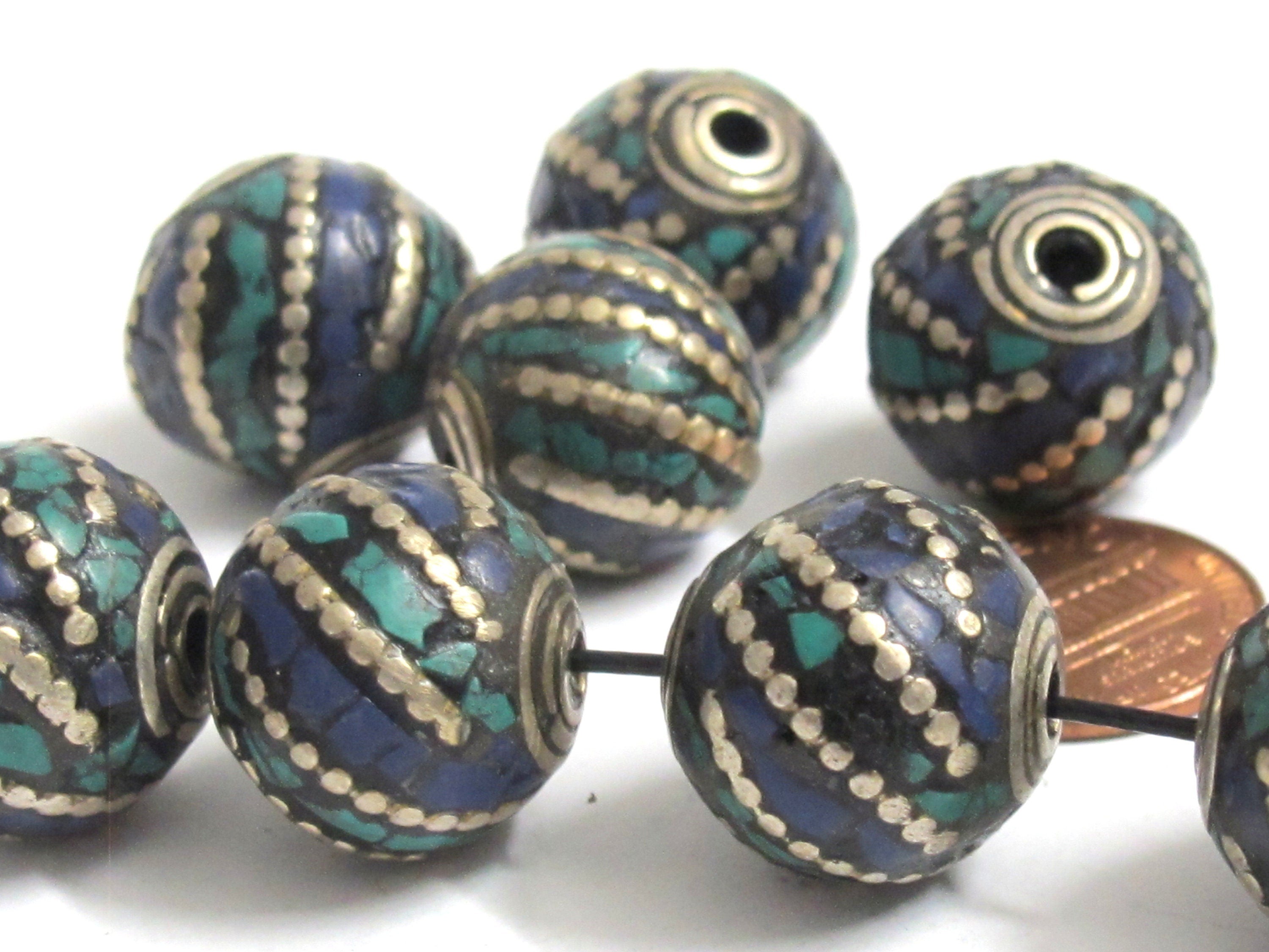 2 Beads -Tibetan beads nepal beads tibet beads Thick oval ball shape Tibetan silver color turquoise lapis inlaid beads from Nepal - BD987