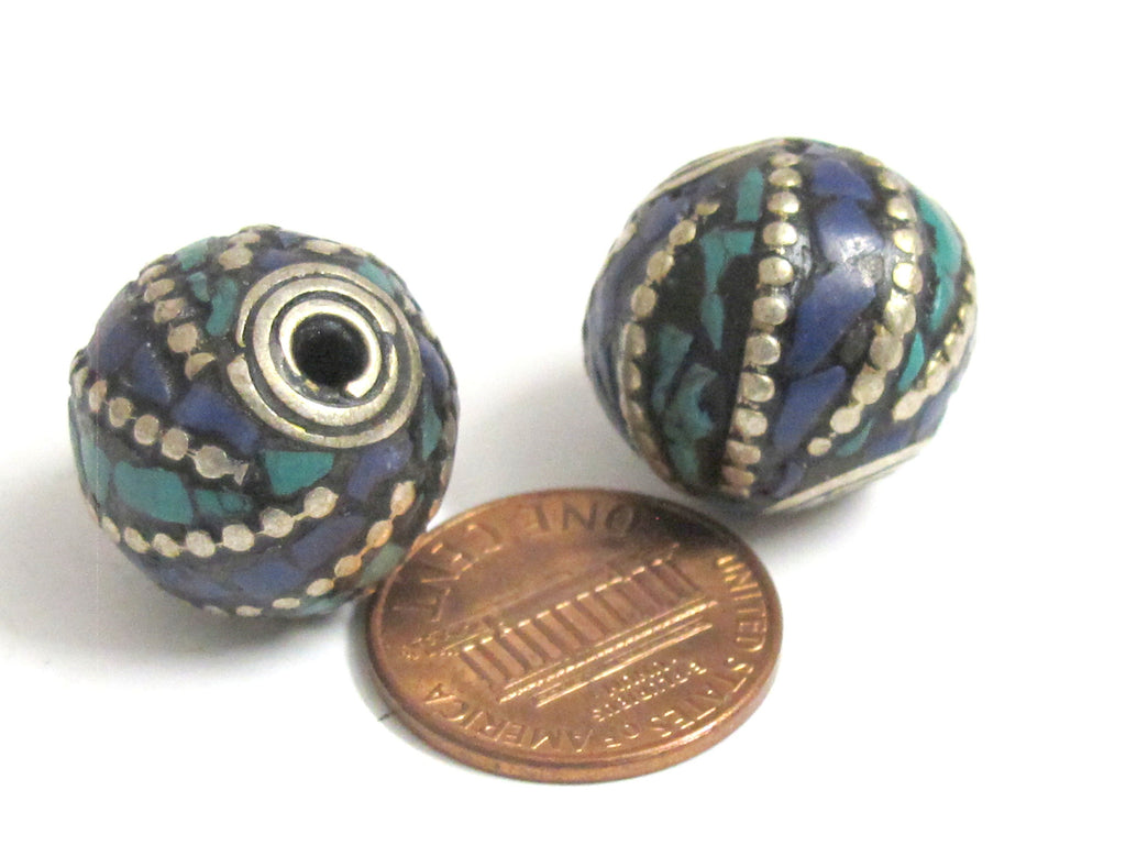 2 Beads -Tibetan beads nepal beads tibet beads Thick oval ball shape Tibetan silver color turquoise lapis inlaid beads from Nepal - BD987