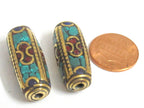 1 bead - Long tubular brass bead turquoise lapis inlaid from Nepal - BD988