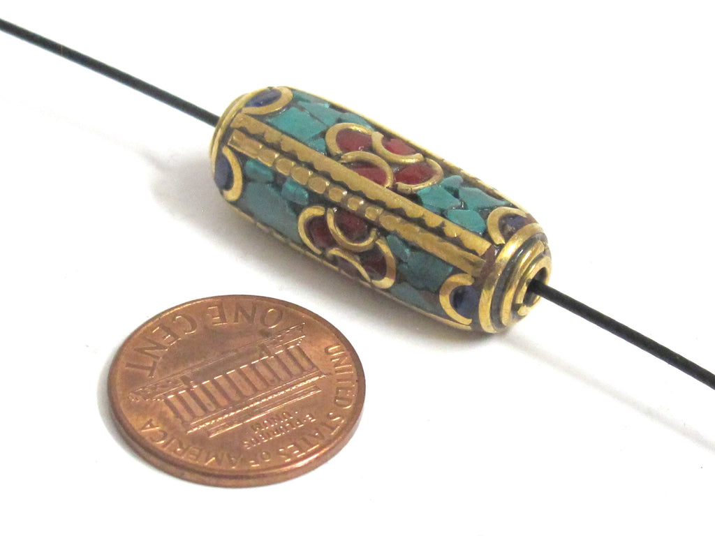 1 bead - Long tubular brass bead turquoise lapis inlaid from Nepal - BD988