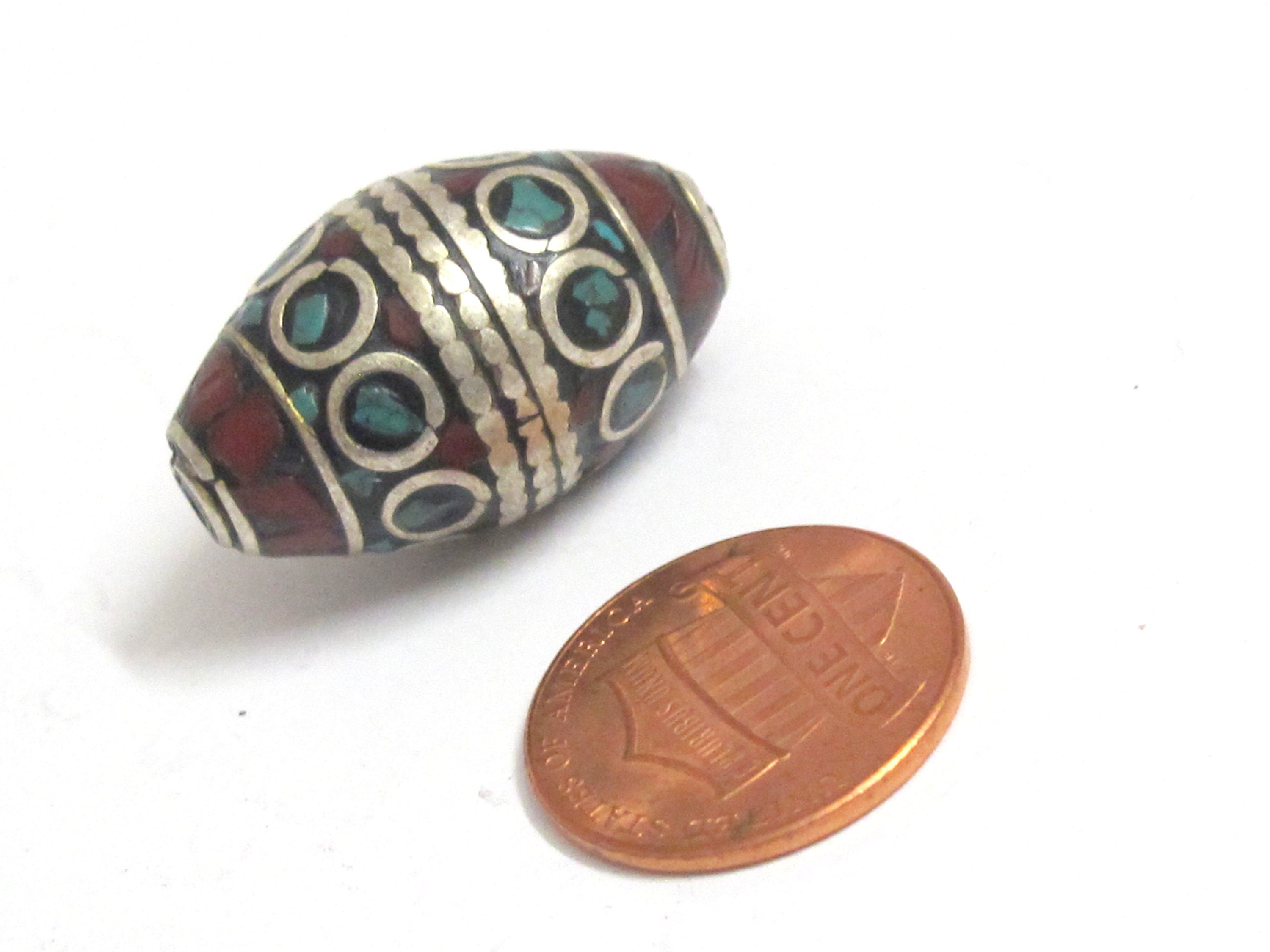 2 Beads -Tibetan Beads - nepalese beads - tibetan craft - Beautiful bicone shape Tibetan silver color turquoise inlaid beads - BD989