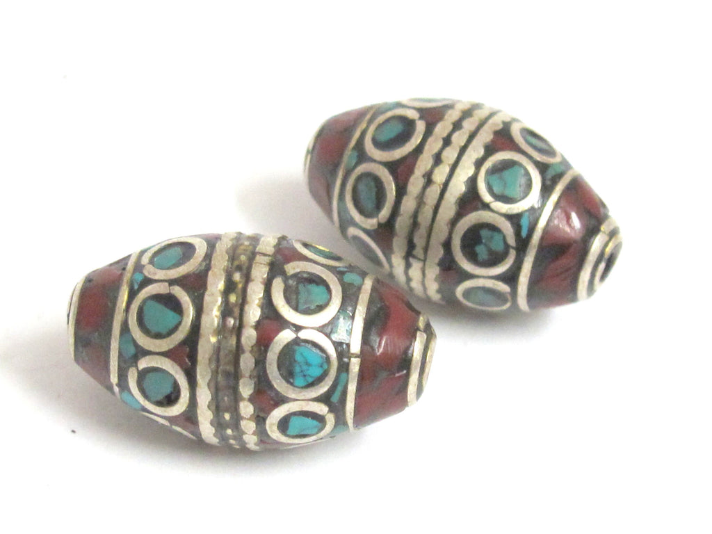 2 Beads -Tibetan Beads - nepalese beads - tibetan craft - Beautiful bicone shape Tibetan silver color turquoise inlaid beads - BD989