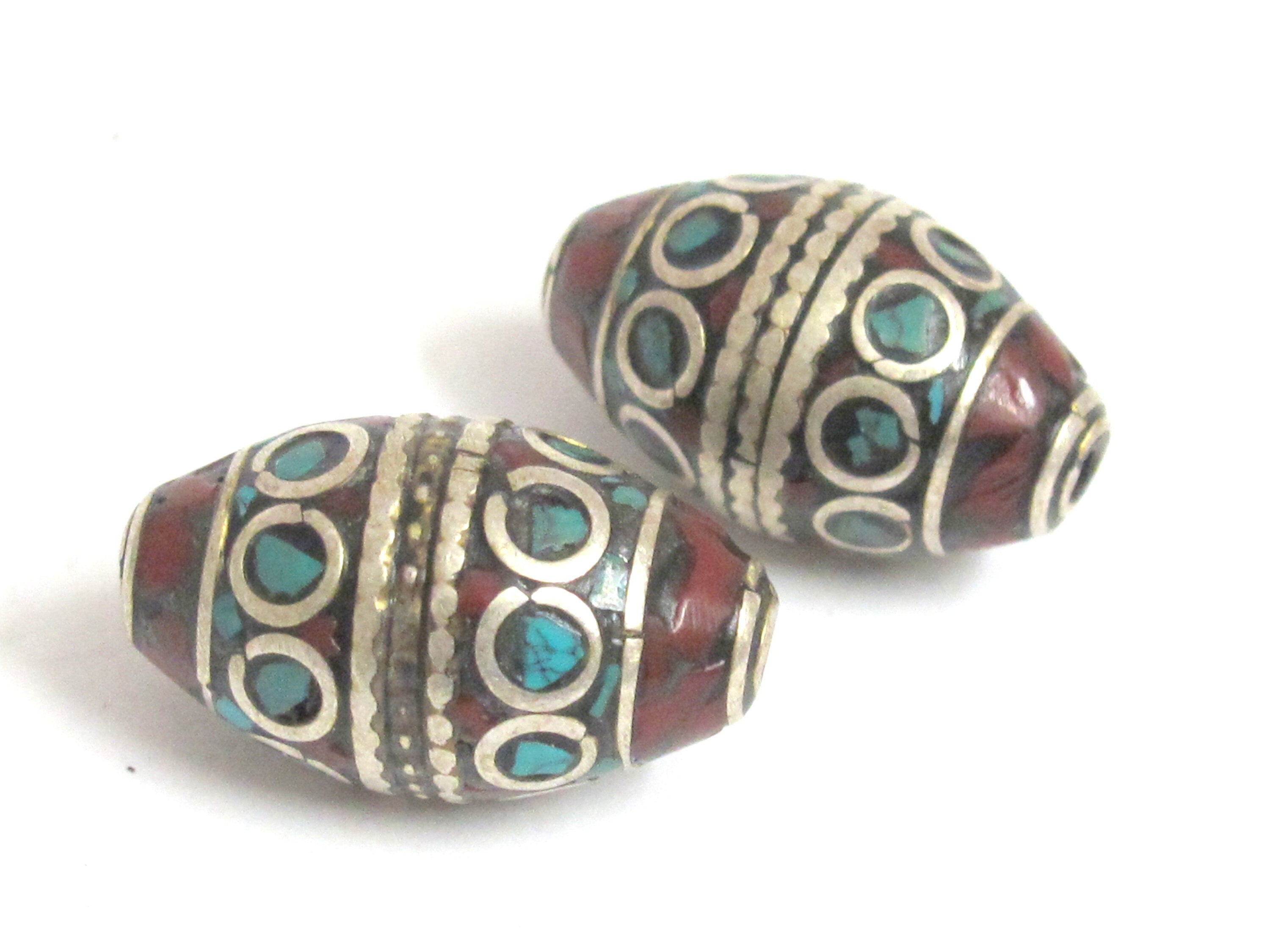 2 Beads -Tibetan Beads - nepalese beads - tibetan craft - Beautiful bicone shape Tibetan silver color turquoise inlaid beads - BD989