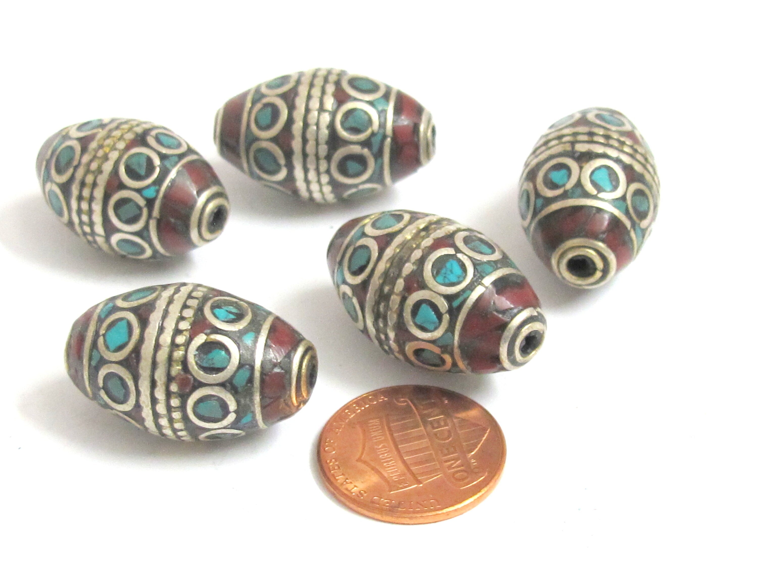 2 Beads -Tibetan Beads - nepalese beads - tibetan craft - Beautiful bicone shape Tibetan silver color turquoise inlaid beads - BD989