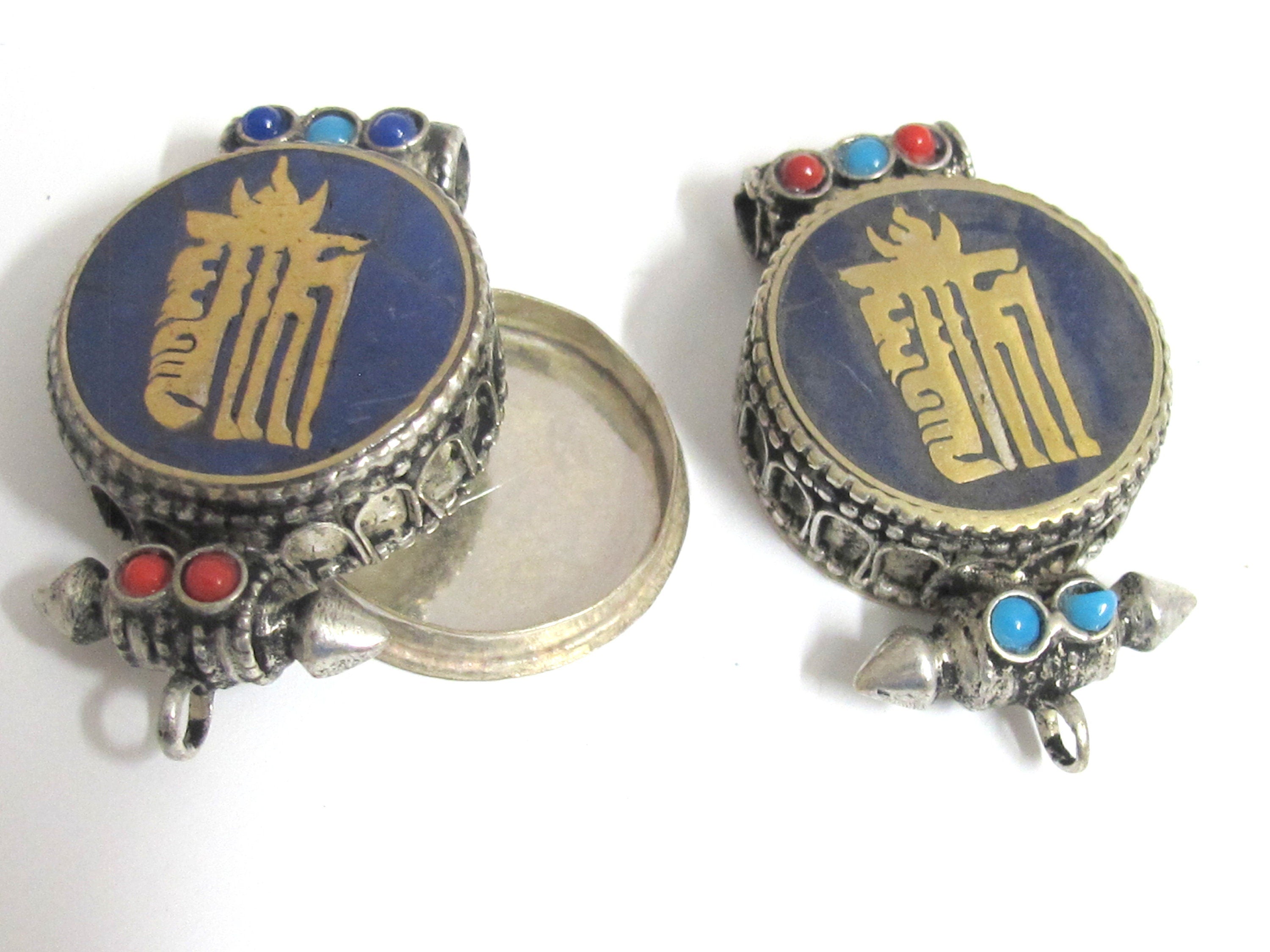 1 pendant - Tibetan antiqued silver finish Lapis brass inlaid Ghau prayer box kalachakra mantra pendant Nepal - PM527K