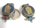 1 pendant - Tibetan antiqued silver finish Lapis brass inlaid Ghau prayer box kalachakra mantra pendant Nepal - PM527K