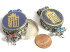 1 pendant - Tibetan antiqued silver finish Lapis brass inlaid Ghau prayer box kalachakra mantra pendant Nepal - PM527K