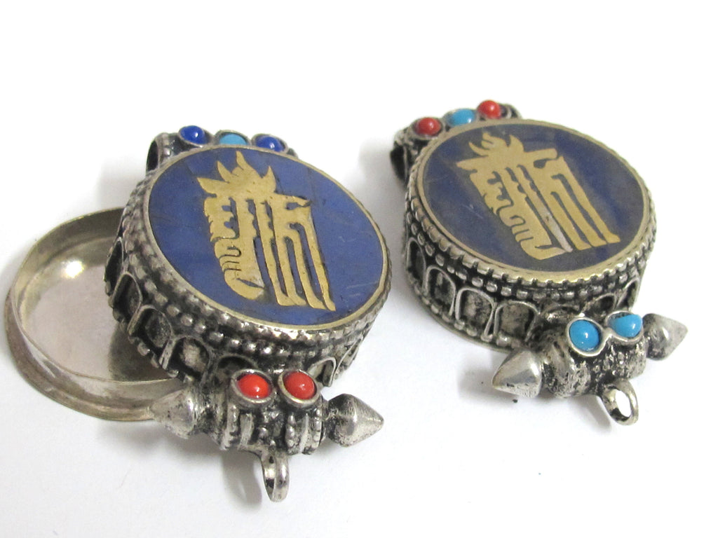 1 pendant - Tibetan antiqued silver finish Lapis brass inlaid Ghau prayer box kalachakra mantra pendant Nepal - PM527K
