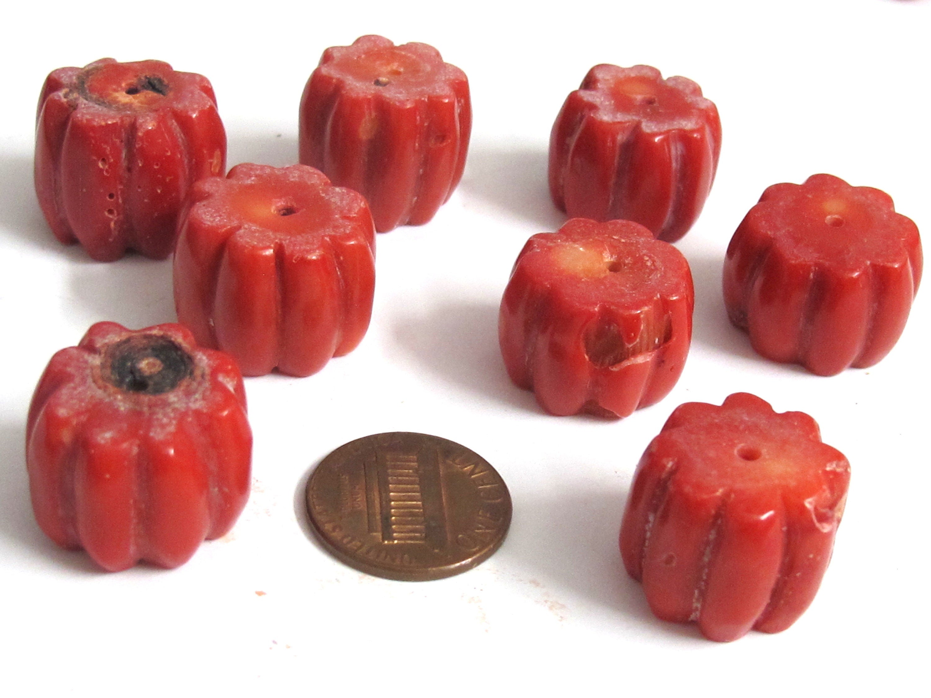 8 Beads - Red color bamboo coral carved drum shape beads - GM032T