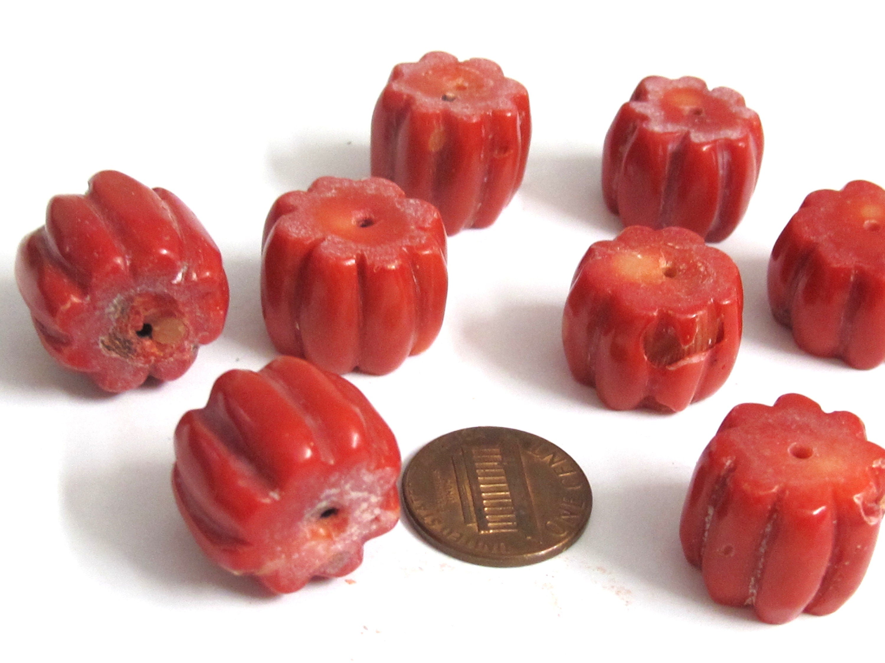 8 Beads - Red color bamboo coral carved drum shape beads - GM032T