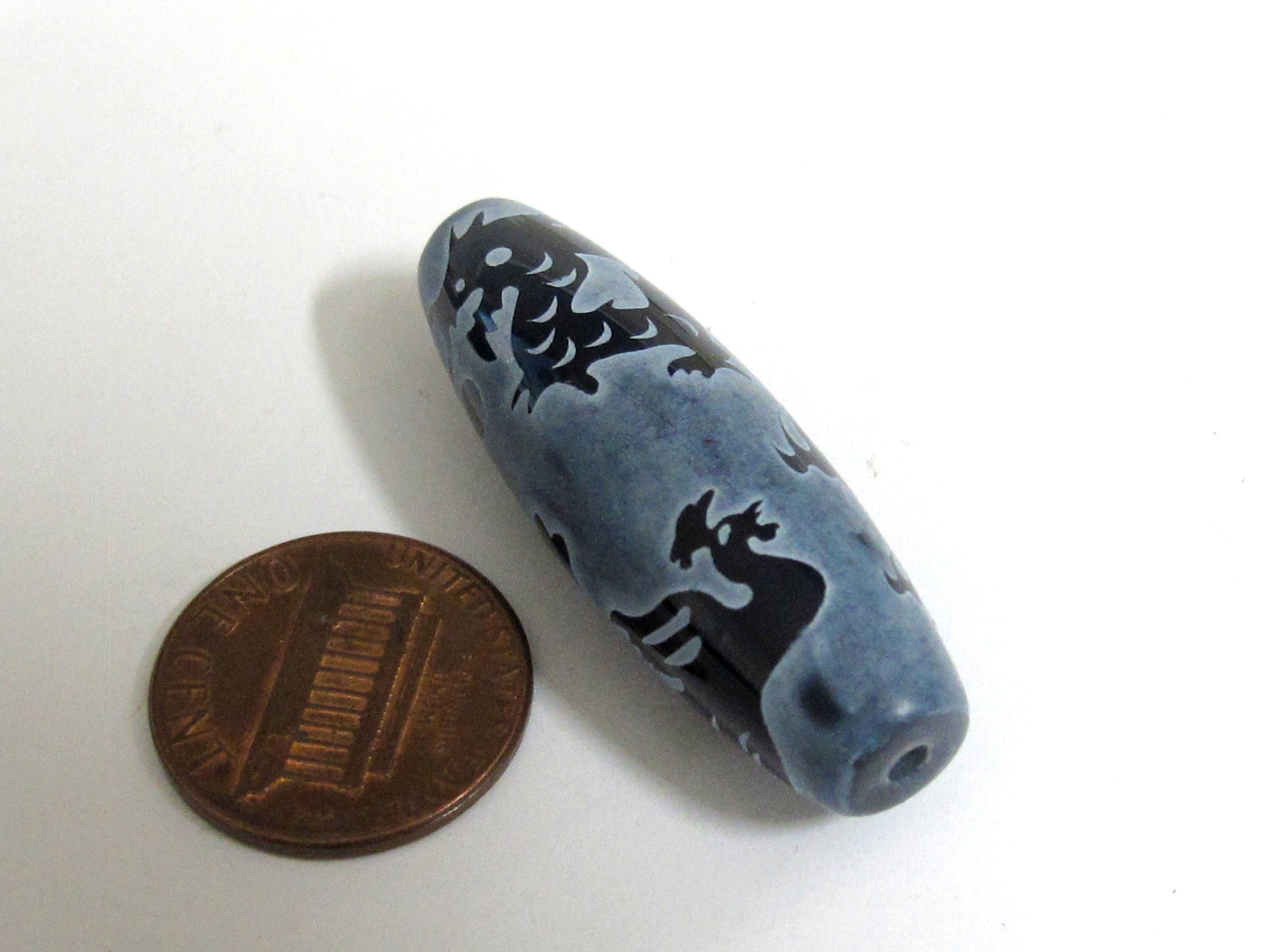 1 Bead - Long large olive bean shape etched agate onyx gemstone Tibetan dragon bead dragon phoenix bird design GM225E