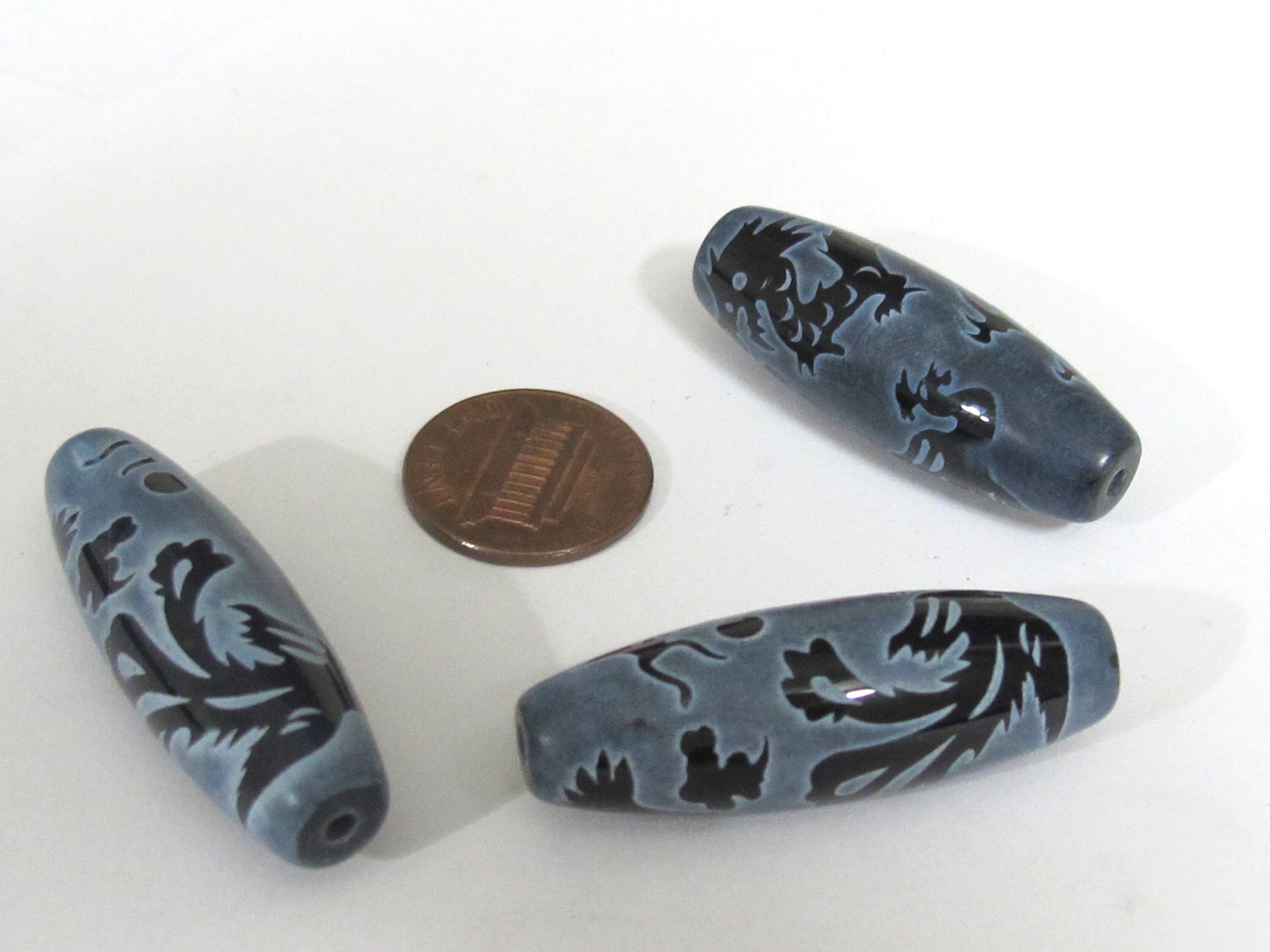 1 Bead - Long large olive bean shape etched agate onyx gemstone Tibetan dragon bead dragon phoenix bird design GM225E