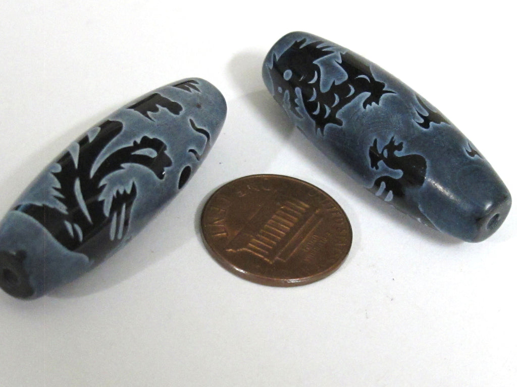 1 Bead - Long large olive bean shape etched agate onyx gemstone Tibetan dragon bead dragon phoenix bird design GM225E