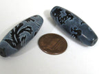 1 Bead - Long large olive bean shape etched agate onyx gemstone Tibetan dragon bead dragon phoenix bird design GM225E
