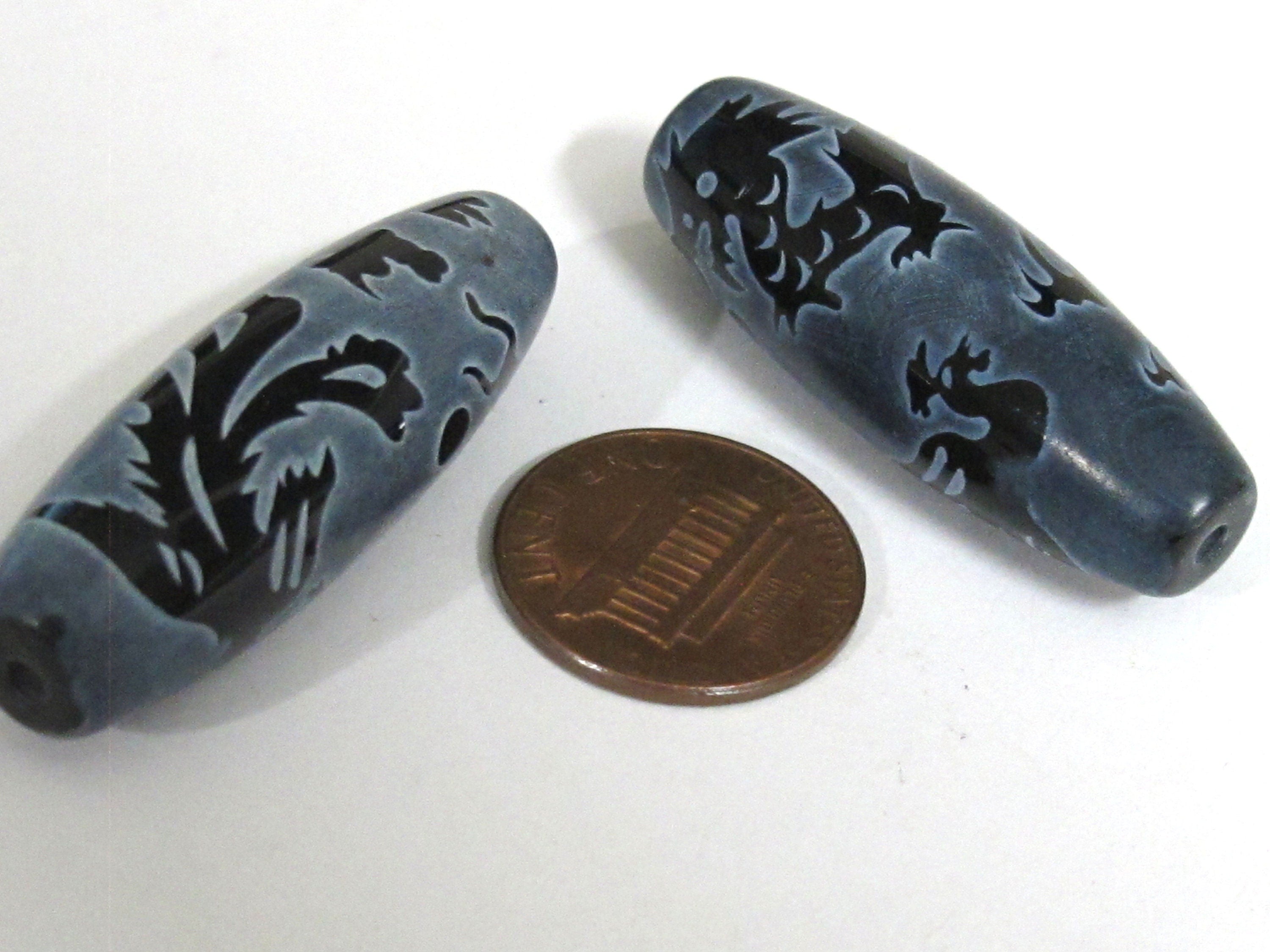 1 Bead - Long large olive bean shape etched agate onyx gemstone Tibetan dragon bead dragon phoenix bird design GM225E