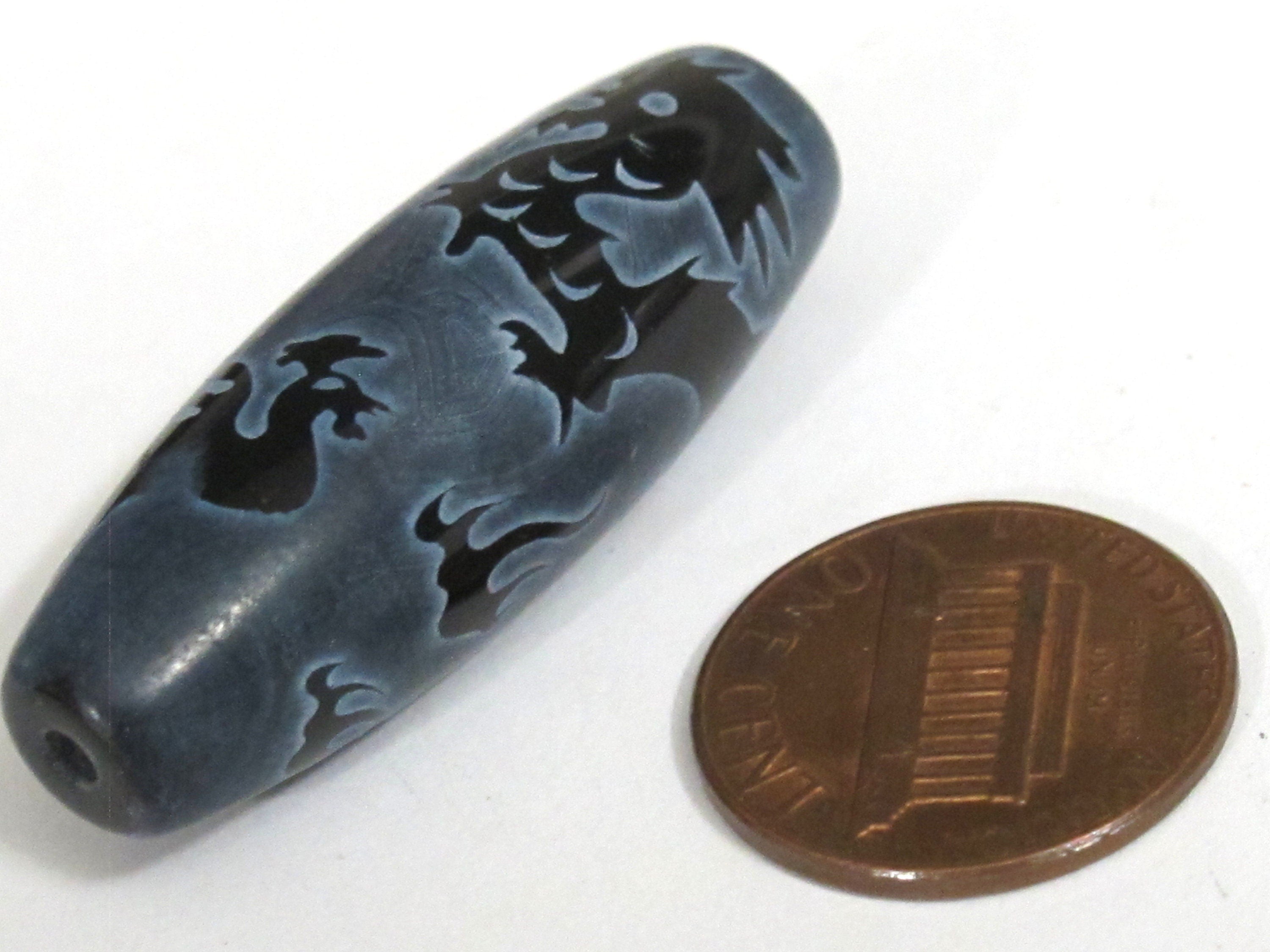 1 Bead - Long large olive bean shape etched agate onyx gemstone Tibetan dragon bead dragon phoenix bird design GM225E
