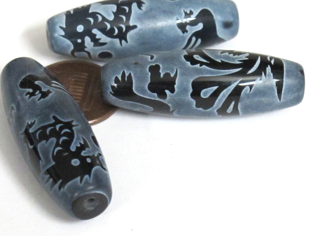 1 Bead - Long large olive bean shape etched agate onyx gemstone Tibetan dragon bead dragon phoenix bird design GM225E