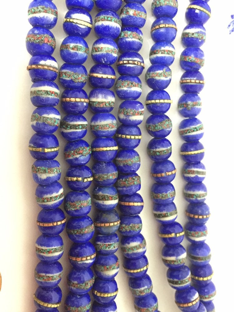 108 beads - Tibetan bone beads inlaid bone beads - 8 mm Tibetan blue color bone beads turquoise brass inlay beads - nepal ML125A