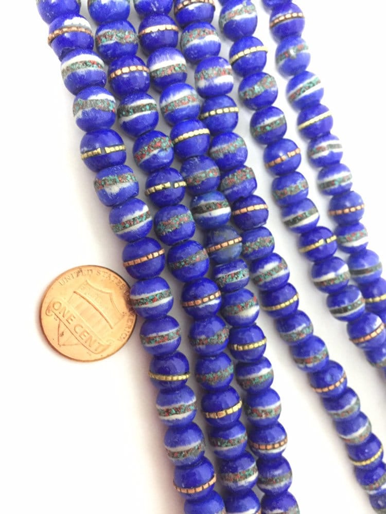 108 beads - Tibetan bone beads inlaid bone beads - 8 mm Tibetan blue color bone beads turquoise brass inlay beads - nepal ML125A
