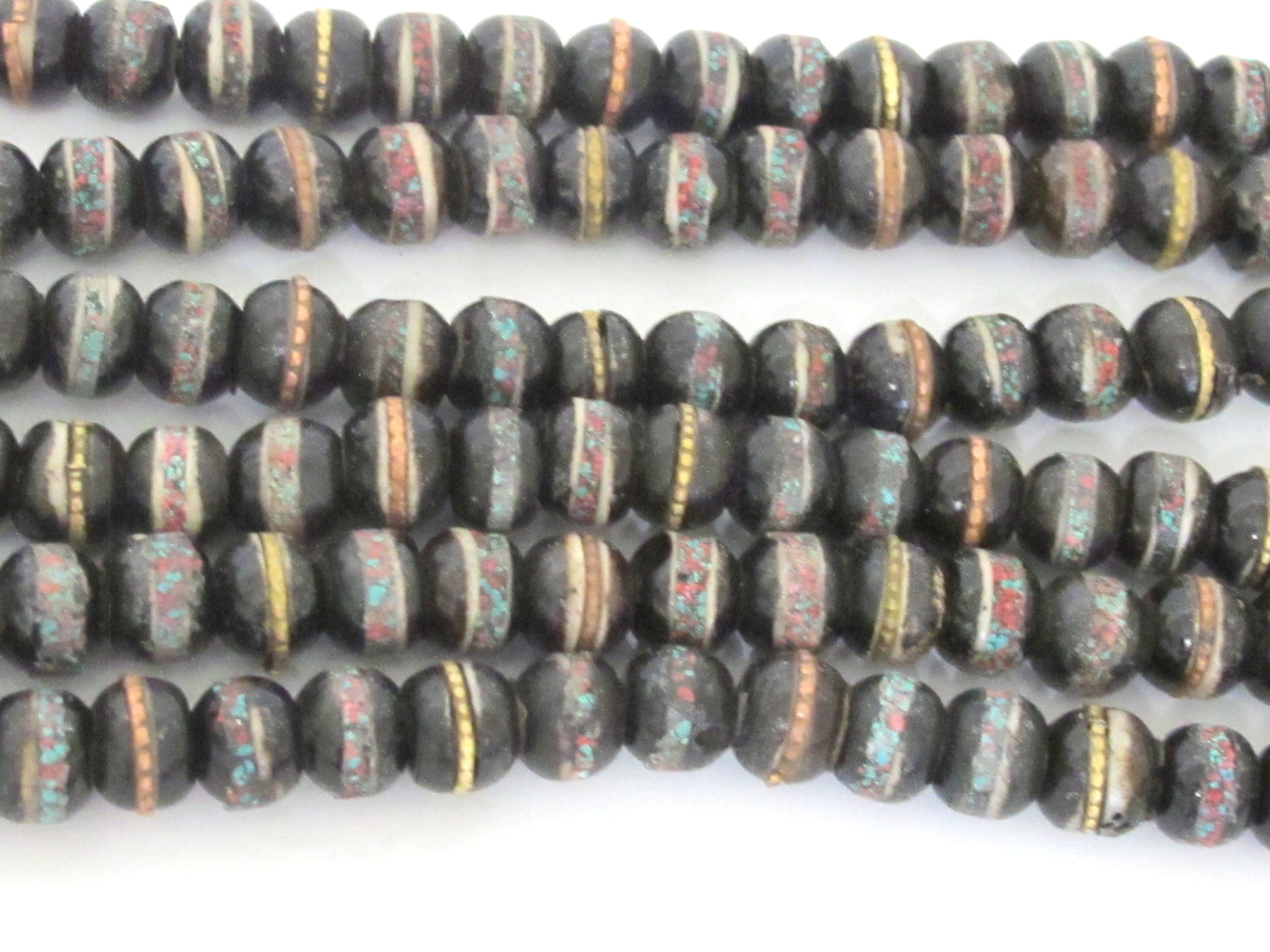 108 beads - 8 mm Tibetan black brown color recycled cattle bone mala with turquoise brass inlay beads supply - ML126A