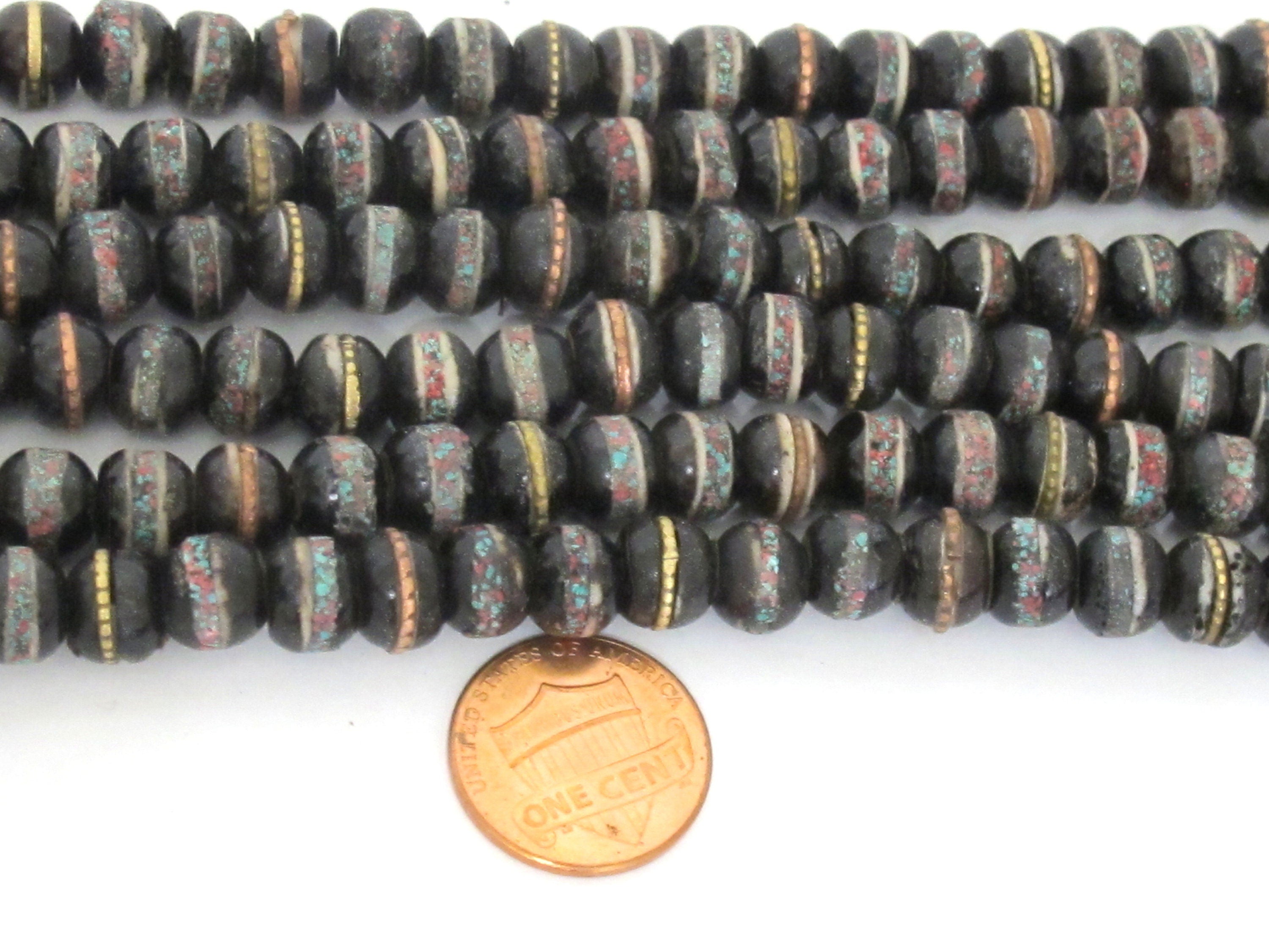 20 beads - 8 mm Tibetan black brown color recycled cattle bone mala with turquoise brass inlay beads supply - ML126B