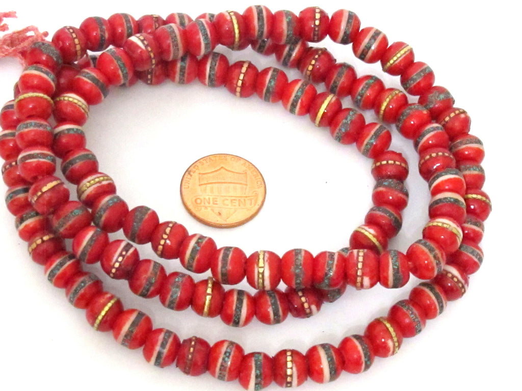 108 beads - Tibetan bone beads inlaid bone beads - 8 mm Tibetan red color bone beads turquoise brass inlay beads - nepal beads ML127A