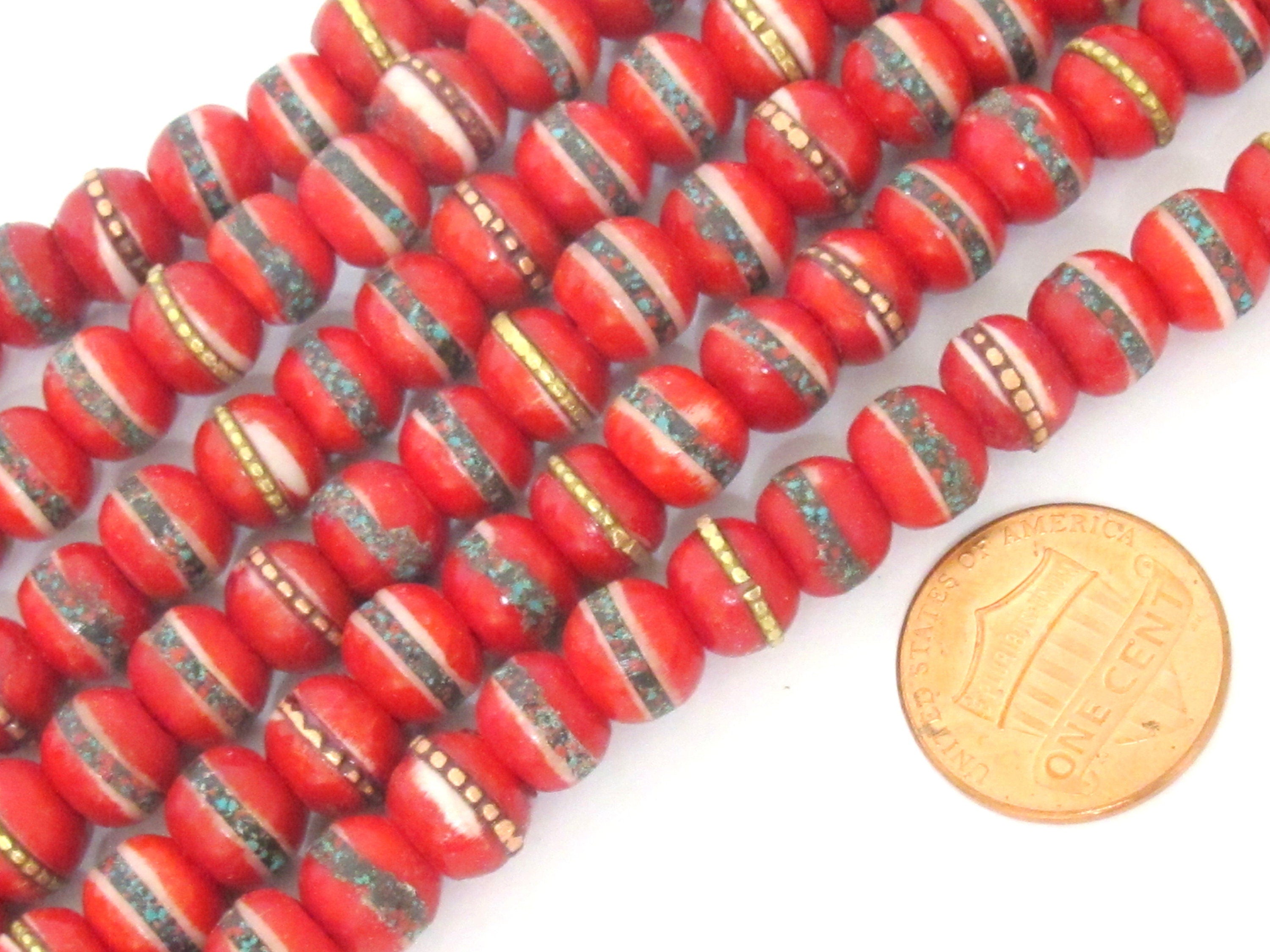 20 beads - Tibetan bone beads inlaid bone beads - 8 mm Tibetan red color bone beads turquoise brass inlay beads - nepal beads ML127B