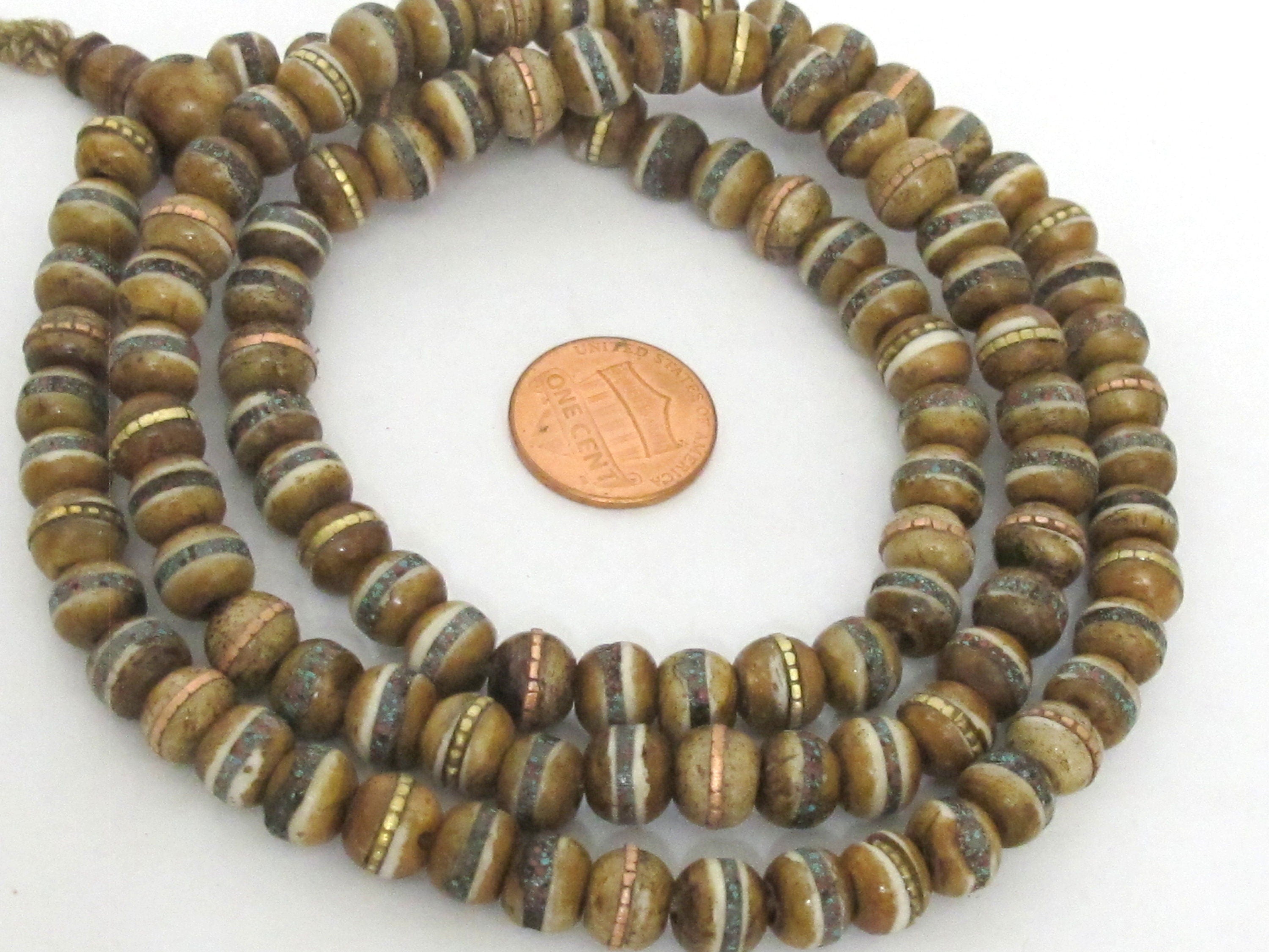 108 beads - 8 mm Tibetan brown color recycled cattle bone mala beads with turquoise brass inlay beads supply - ML128A