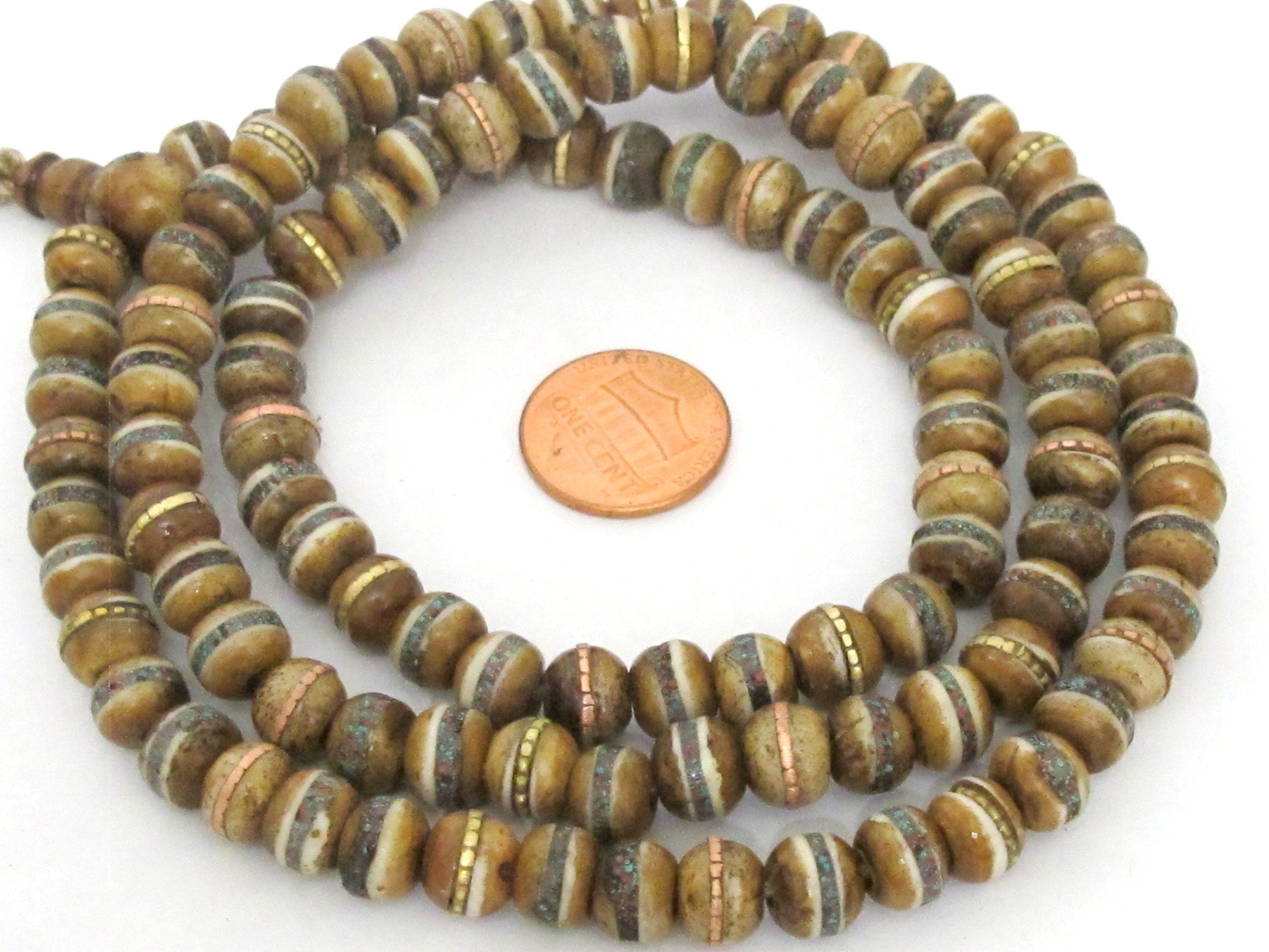 108 beads - 8 mm Tibetan brown color recycled cattle bone mala beads with turquoise brass inlay beads supply - ML128A