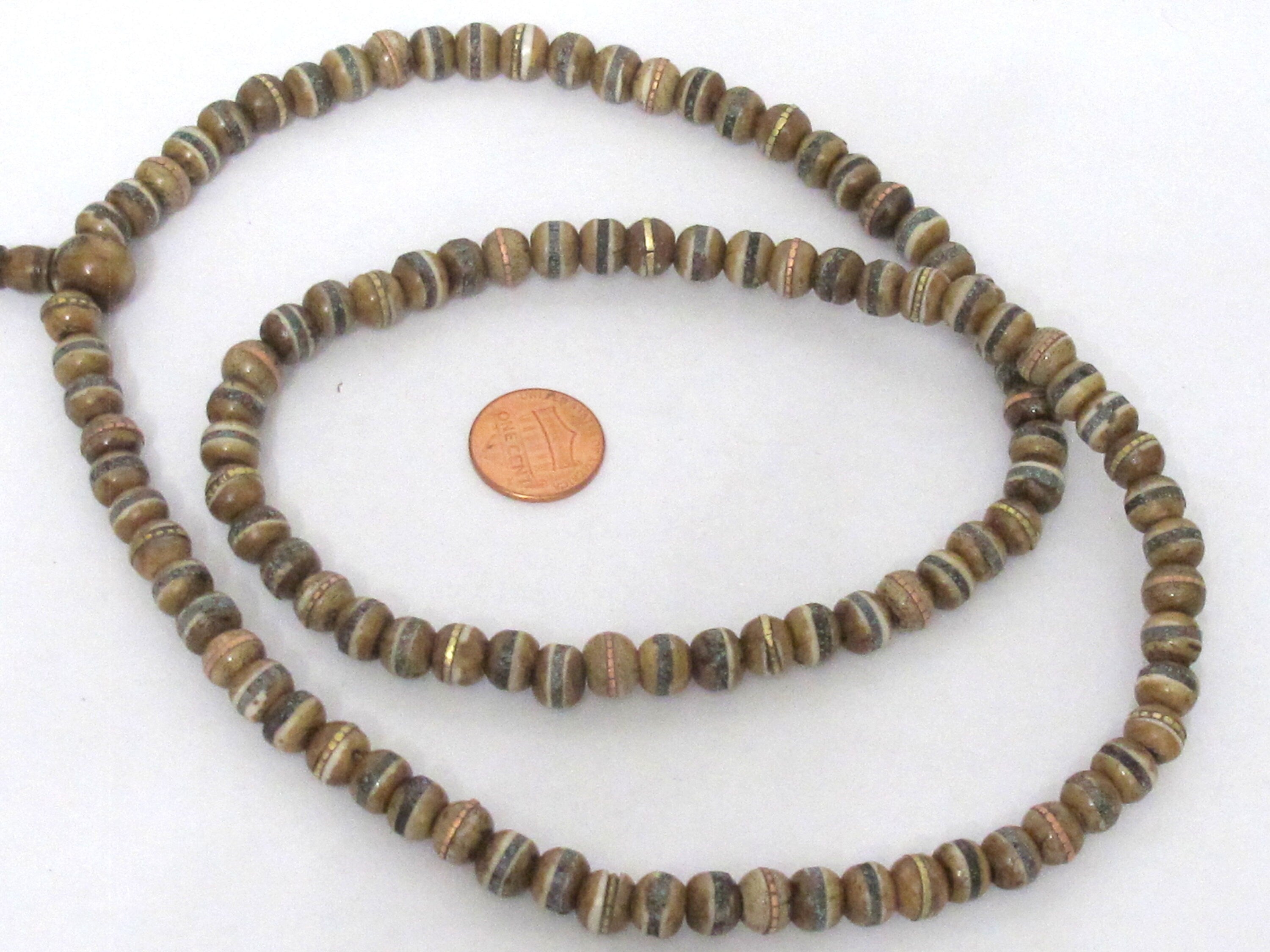 108 beads - 8 mm Tibetan brown color recycled cattle bone mala beads with turquoise brass inlay beads supply - ML128A