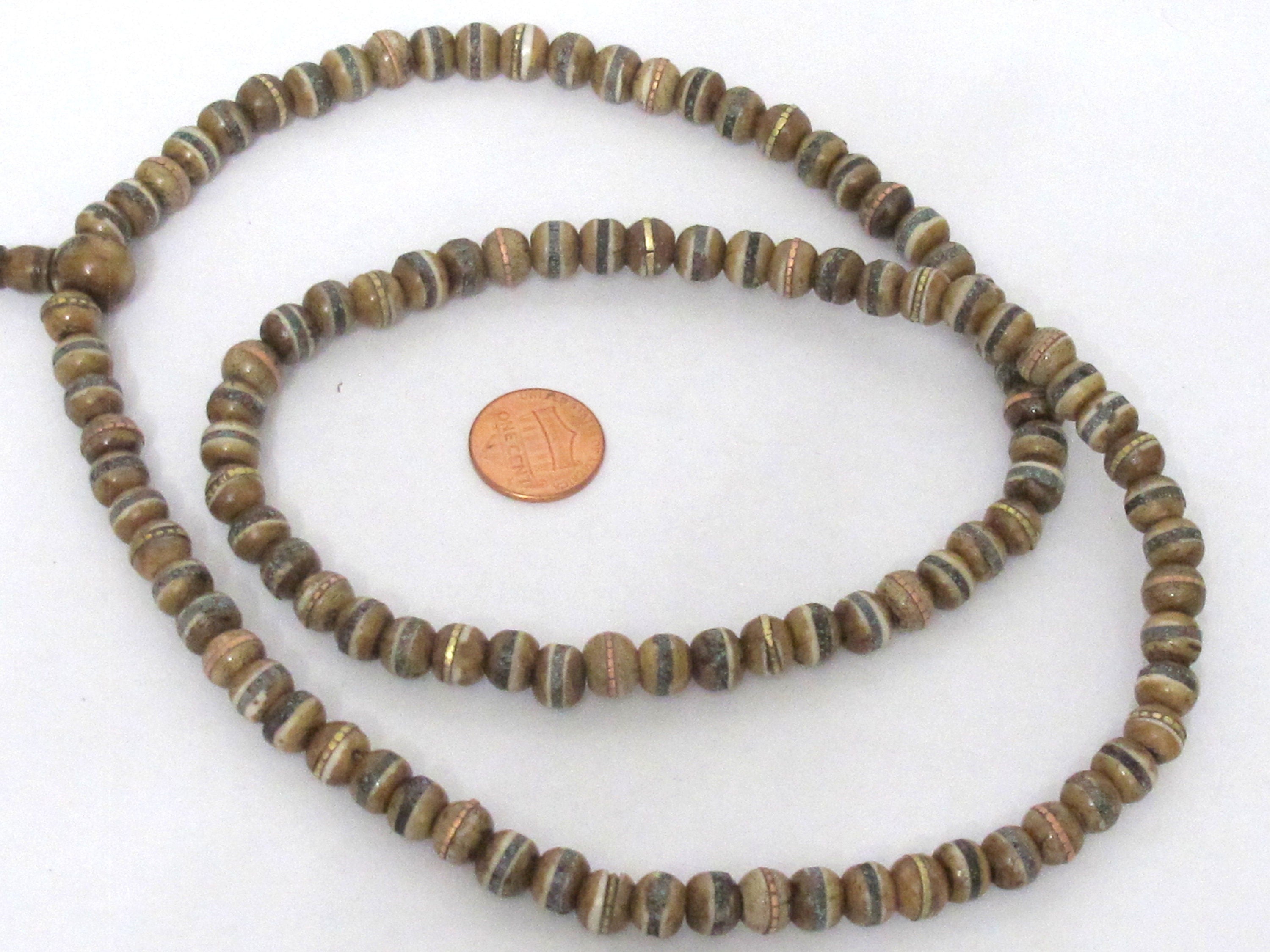 108 beads - 8 mm Tibetan brown color recycled cattle bone mala beads with turquoise brass inlay beads supply - ML128A