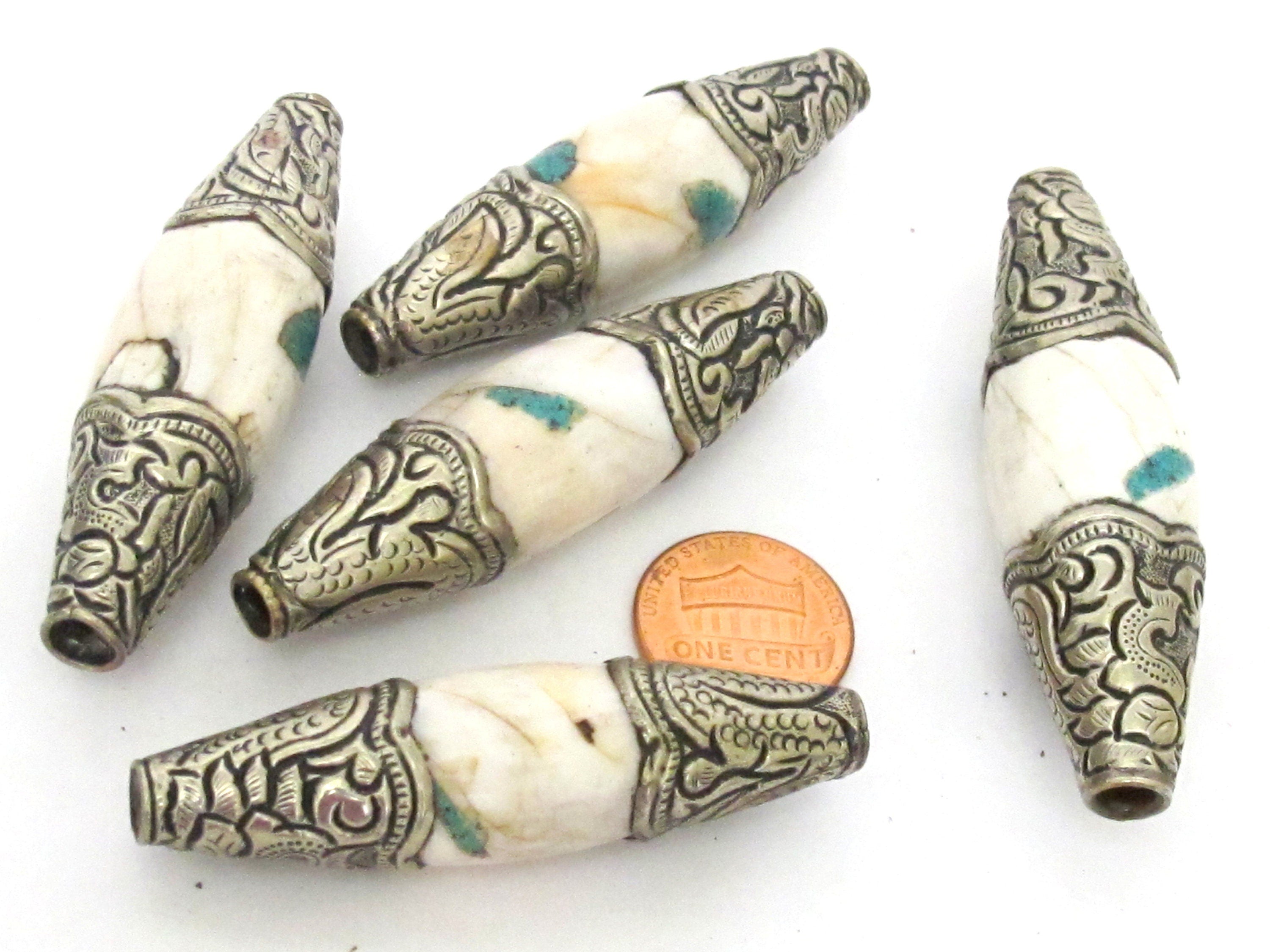 1 Bead - Large Long shape Tribal naga conch shell beads tibetan silver capped dragon design focal pendant bead turquoise inlaid - CH077A