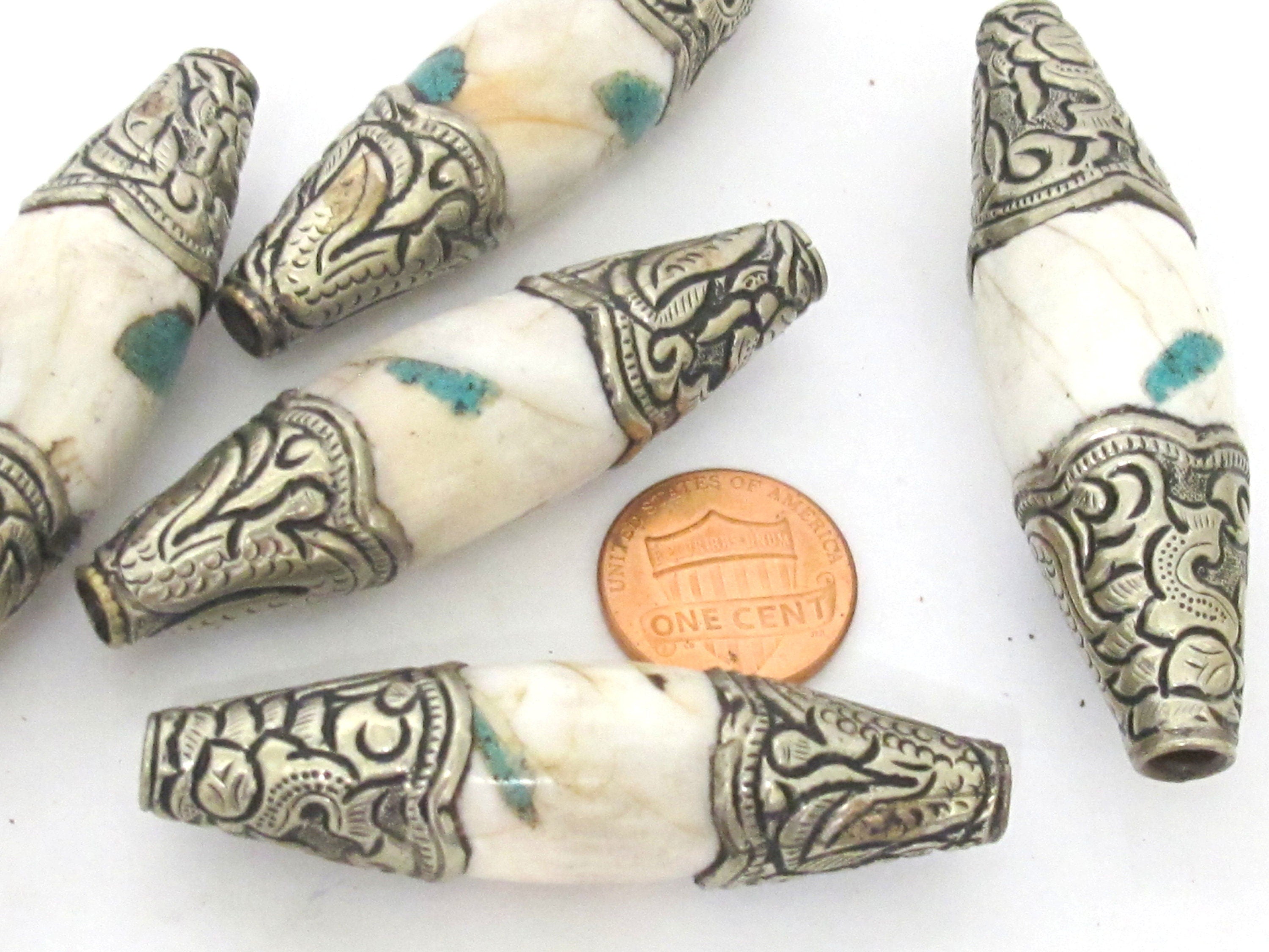 1 Bead - Large Long shape Tribal naga conch shell beads tibetan silver capped dragon design focal pendant bead turquoise inlaid - CH077A