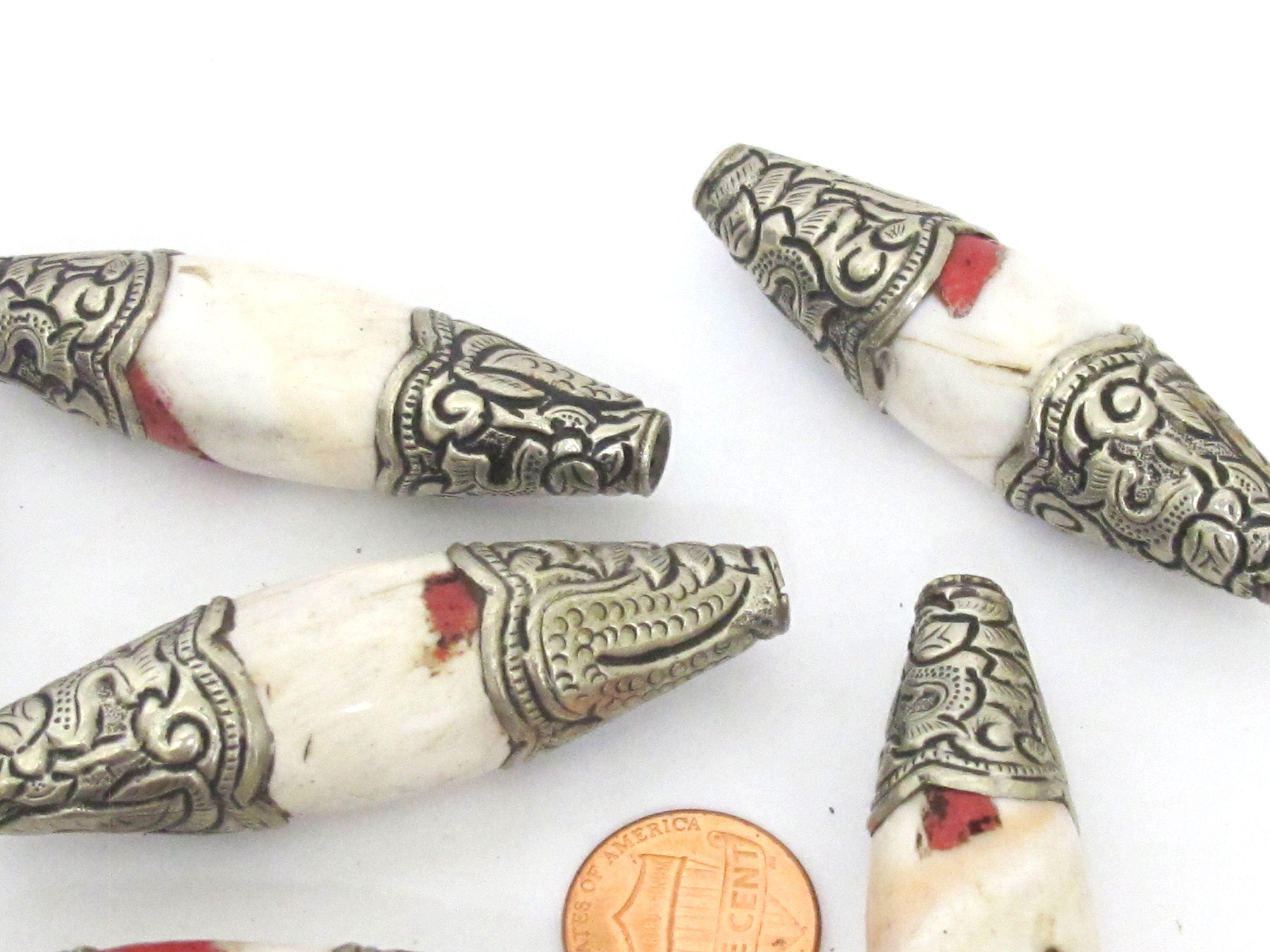1 Bead - Large Long shape Tribal naga conch shell beads tibetan silver capped dragon design focal pendant beads Tibetan beads - CH077B