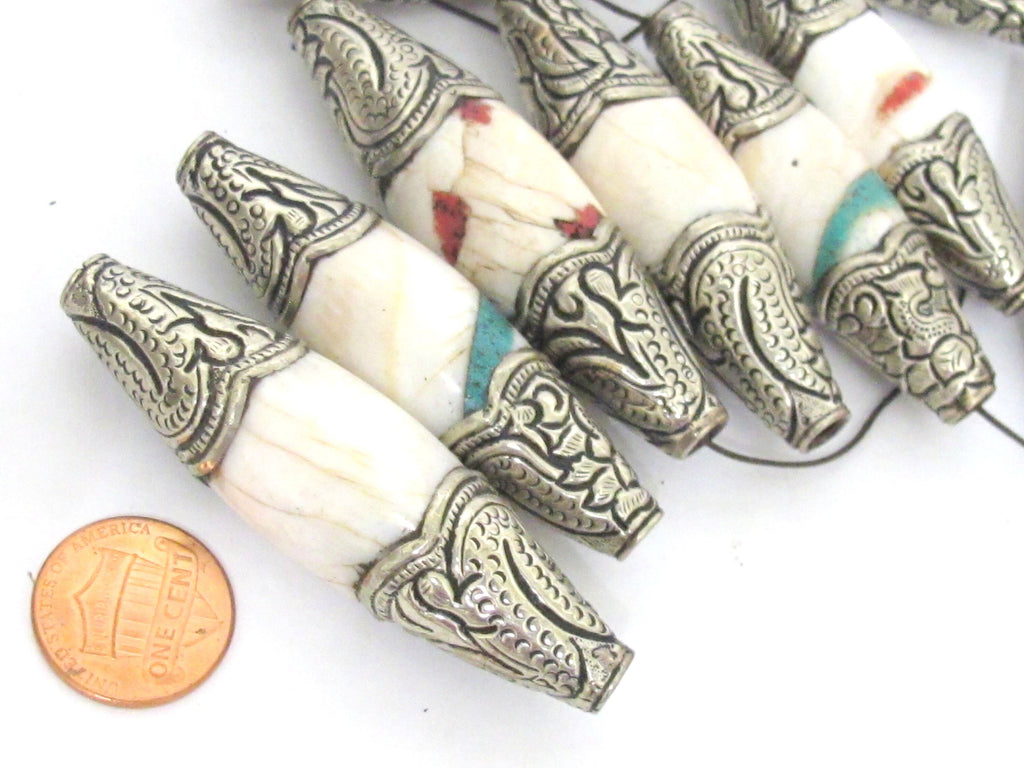 1 Bead - Large Long shape Tribal naga conch shell beads tibetan silver capped dragon design focal pendant beads Tibetan beads - CH077B