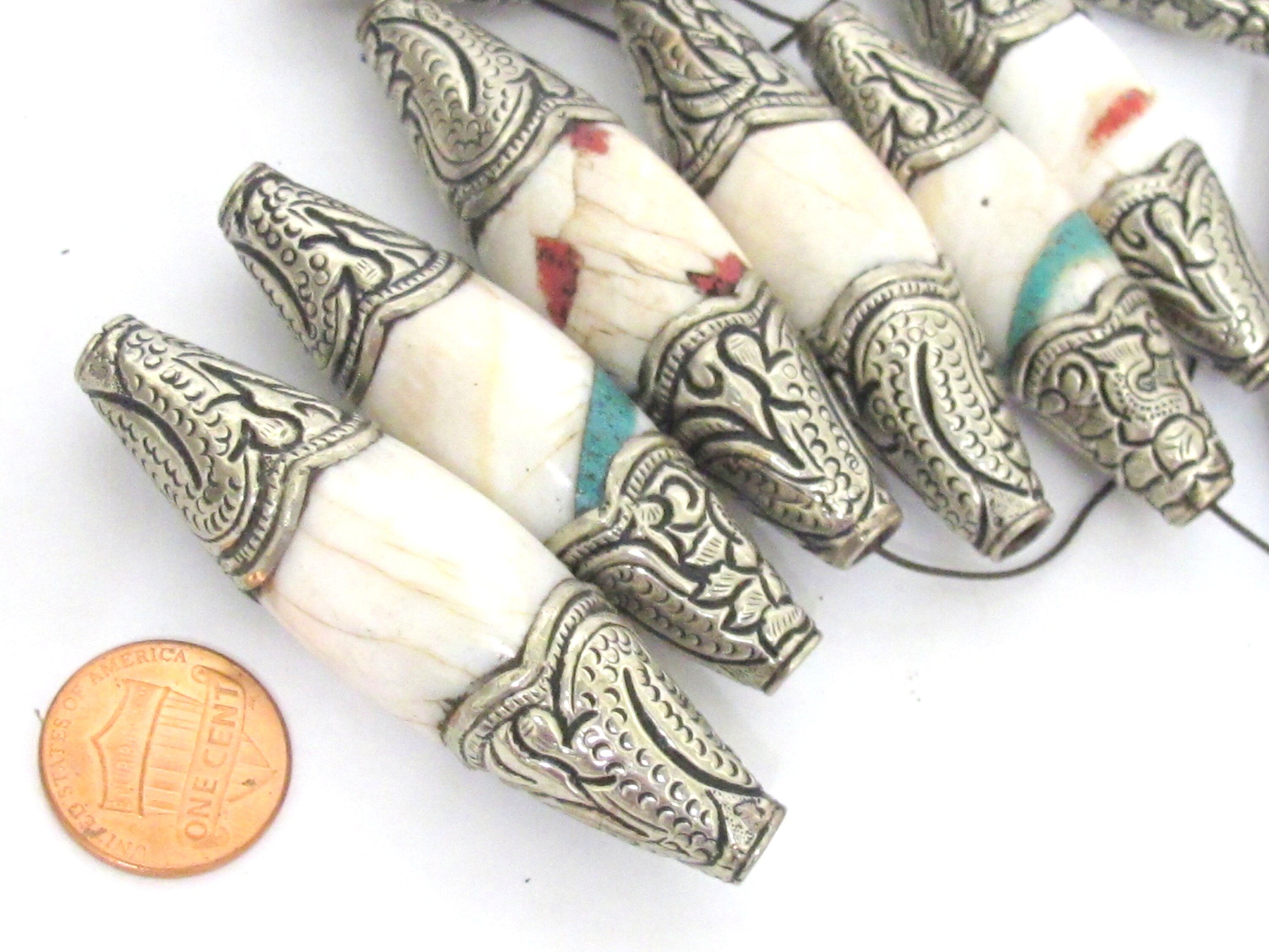 1 Bead - Large Long shape Tribal naga conch shell beads tibetan silver capped dragon design focal pendant beads Tibetan beads - CH077B