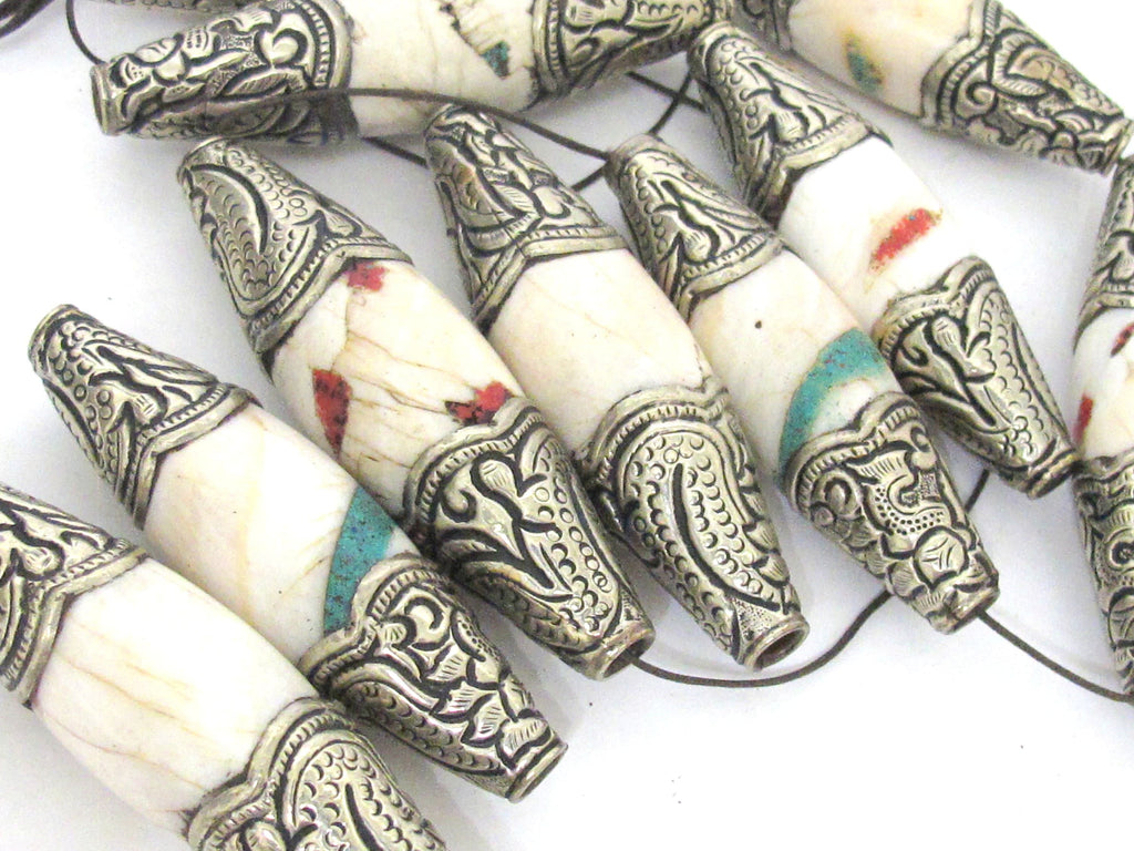 1 Bead - Large Long shape Tribal naga conch shell beads tibetan silver capped dragon design focal pendant beads Tibetan beads - CH077B