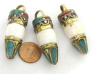 1 pendant - Unisex Tibetan pendant Ethnic tibetan Nepal naga conch shell point bullet shape brass capped pendant turquoise inlay - PM277K