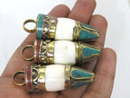 1 pendant - Unisex Tibetan pendant Ethnic tibetan Nepal naga conch shell point bullet shape brass capped pendant turquoise inlay - PM277K