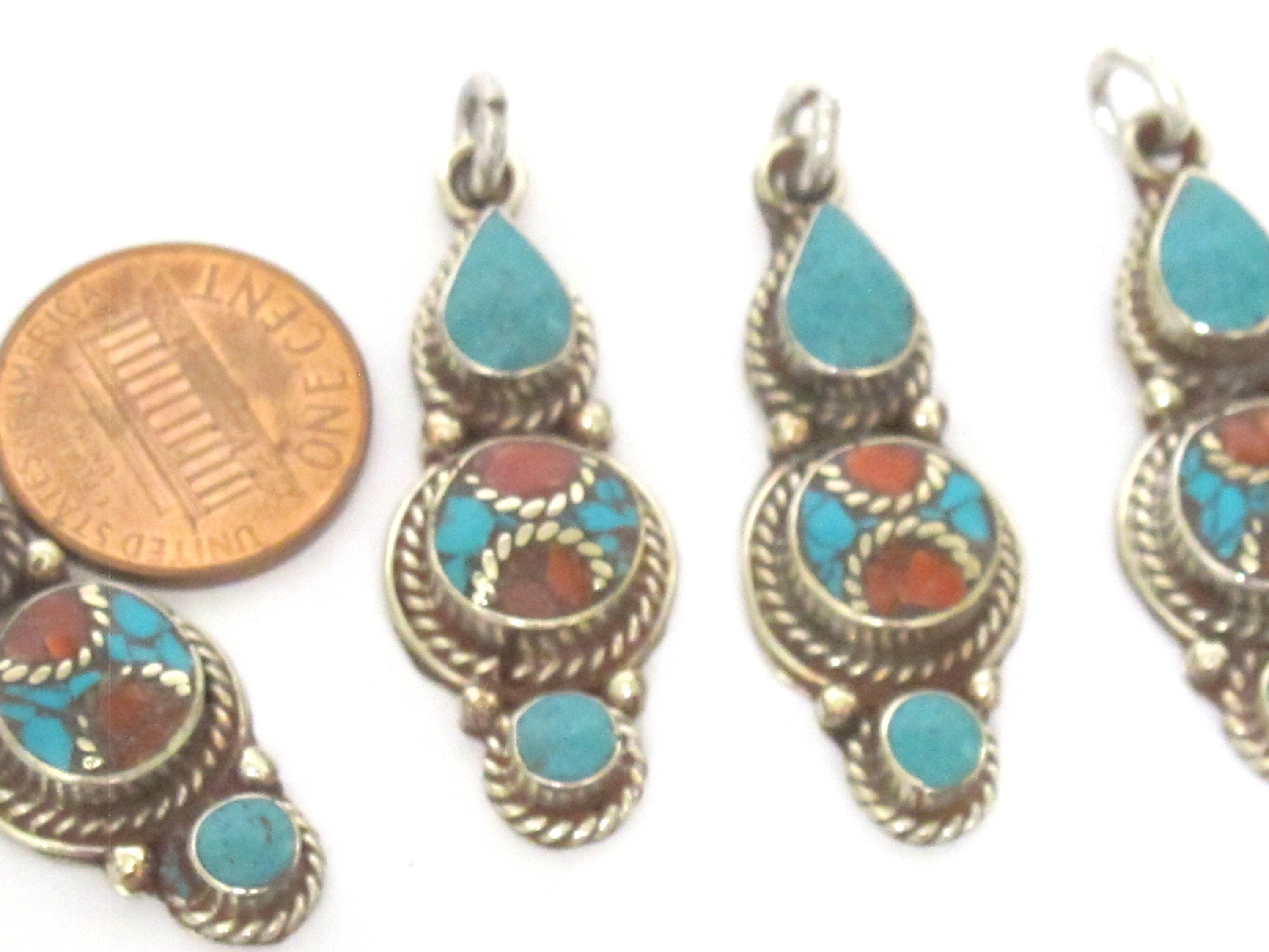 1 pendant - Nepal pendant ethnic Tibetan Small linear drop shape Tibetan silver charm pendant with turquoise brass inlay - PM340G