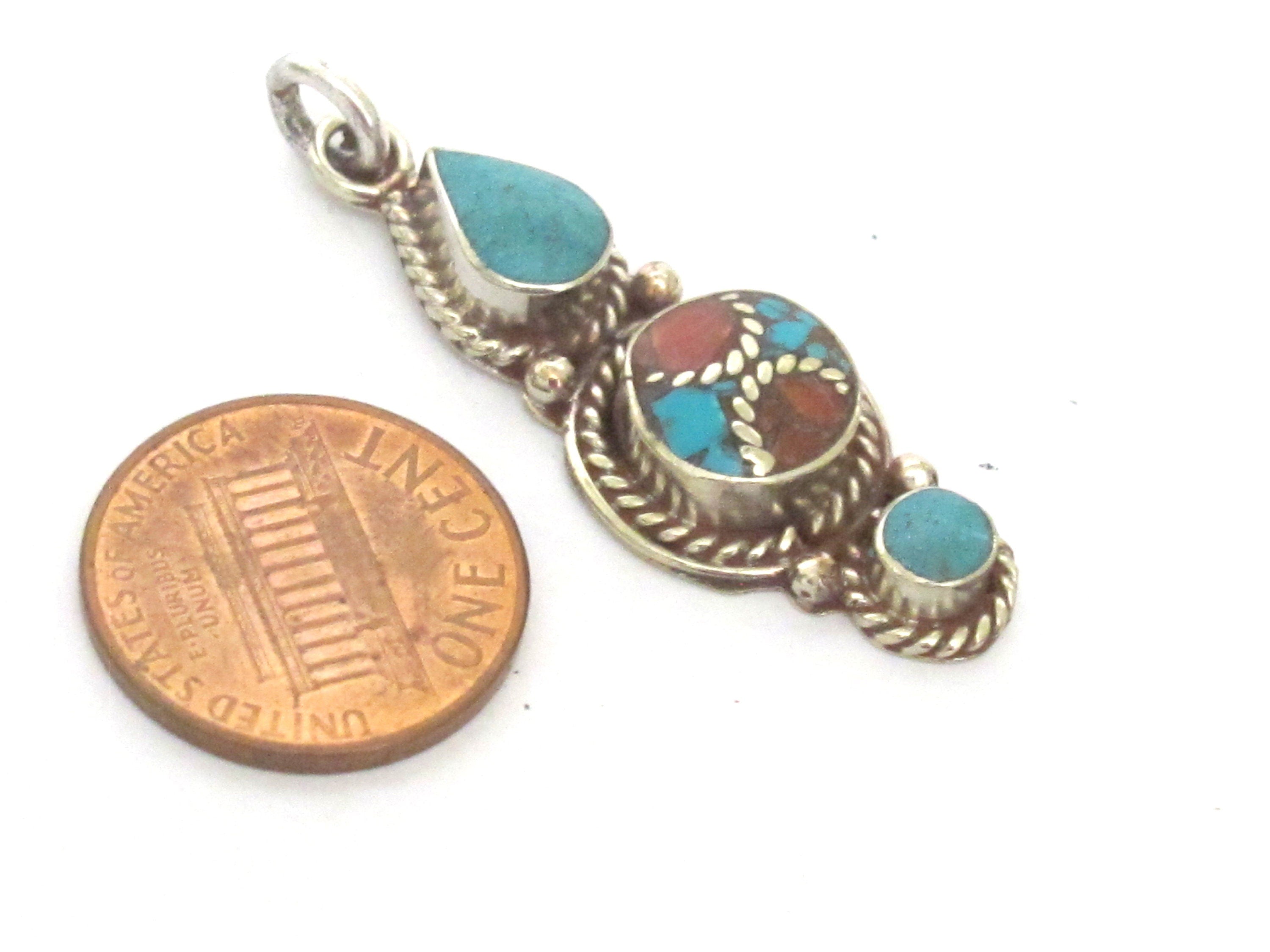 1 pendant - Nepal pendant ethnic Tibetan Small linear drop shape Tibetan silver charm pendant with turquoise brass inlay - PM340G