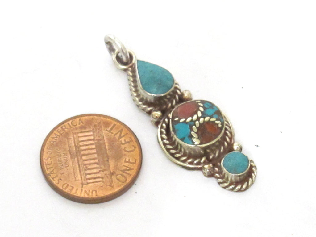 1 pendant - Nepal pendant ethnic Tibetan Small linear drop shape Tibetan silver charm pendant with turquoise brass inlay - PM340G