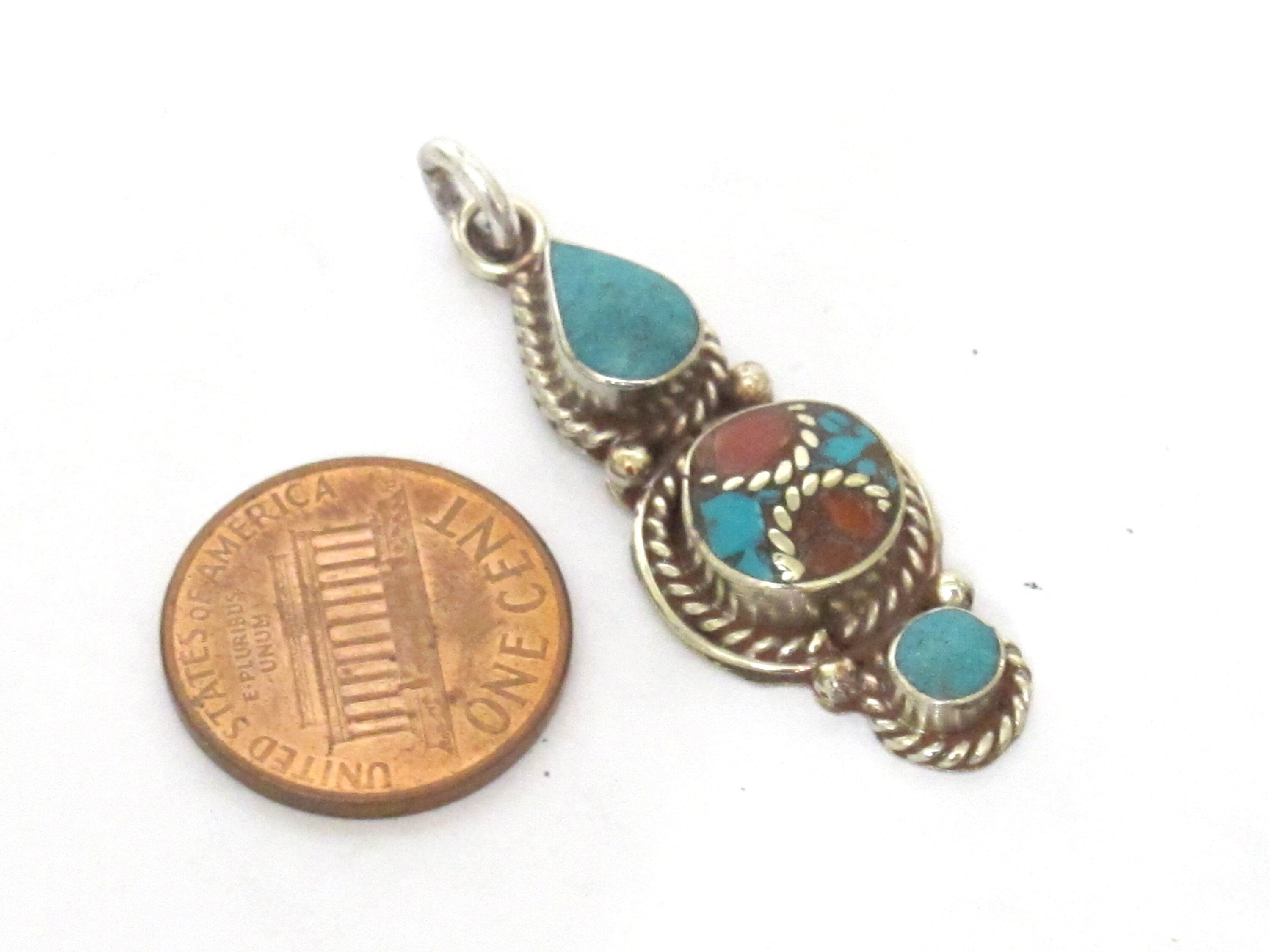 1 pendant - Nepal pendant ethnic Tibetan Small linear drop shape Tibetan silver charm pendant with turquoise brass inlay - PM340G