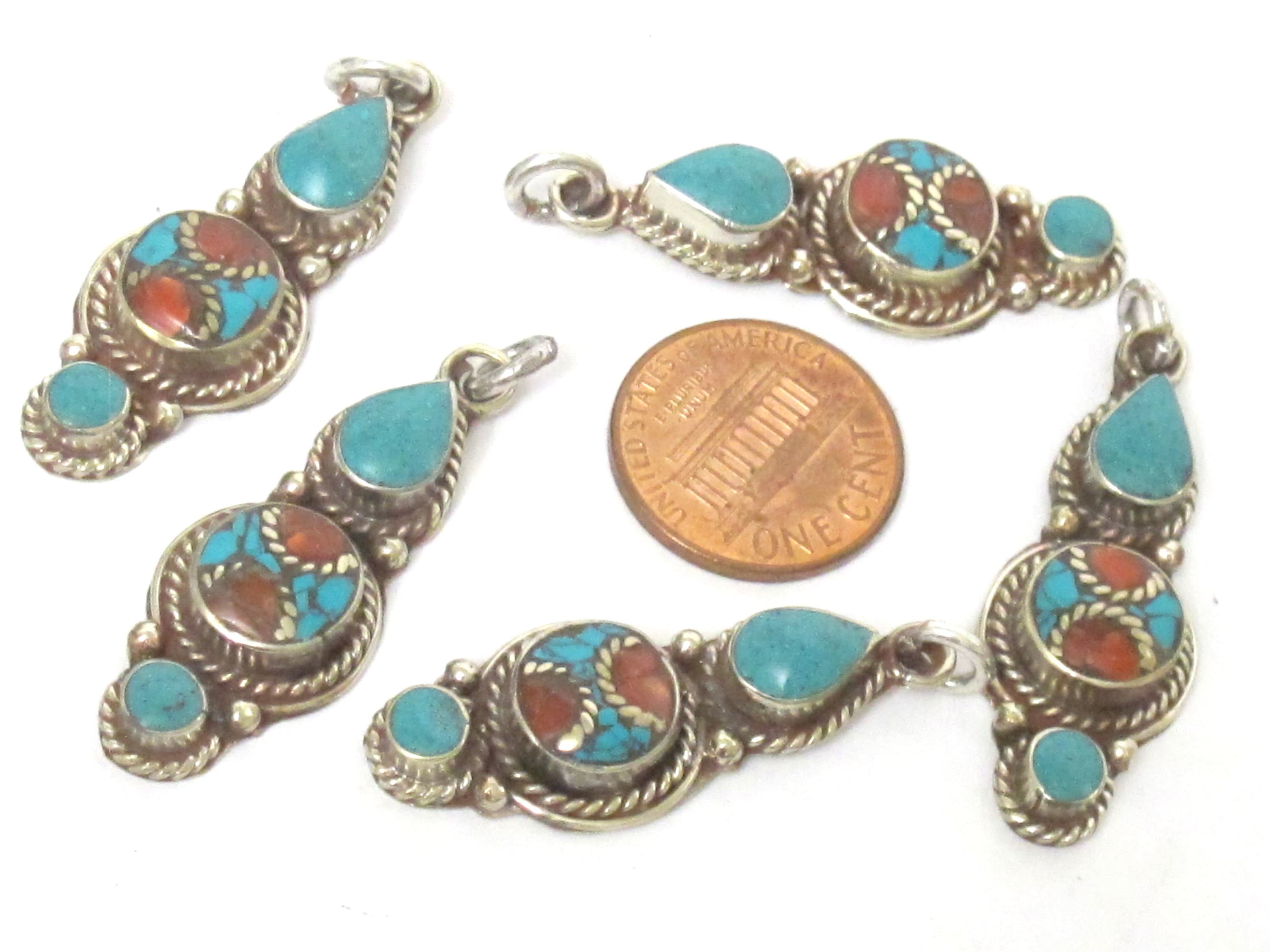 1 pendant - Nepal pendant ethnic Tibetan Small linear drop shape Tibetan silver charm pendant with turquoise brass inlay - PM340G