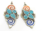 1 pendant - Nepal Tibetan silver double spiral coil floral design charm pendant with turquoise brass inlay salmon orange blue color - PM340H