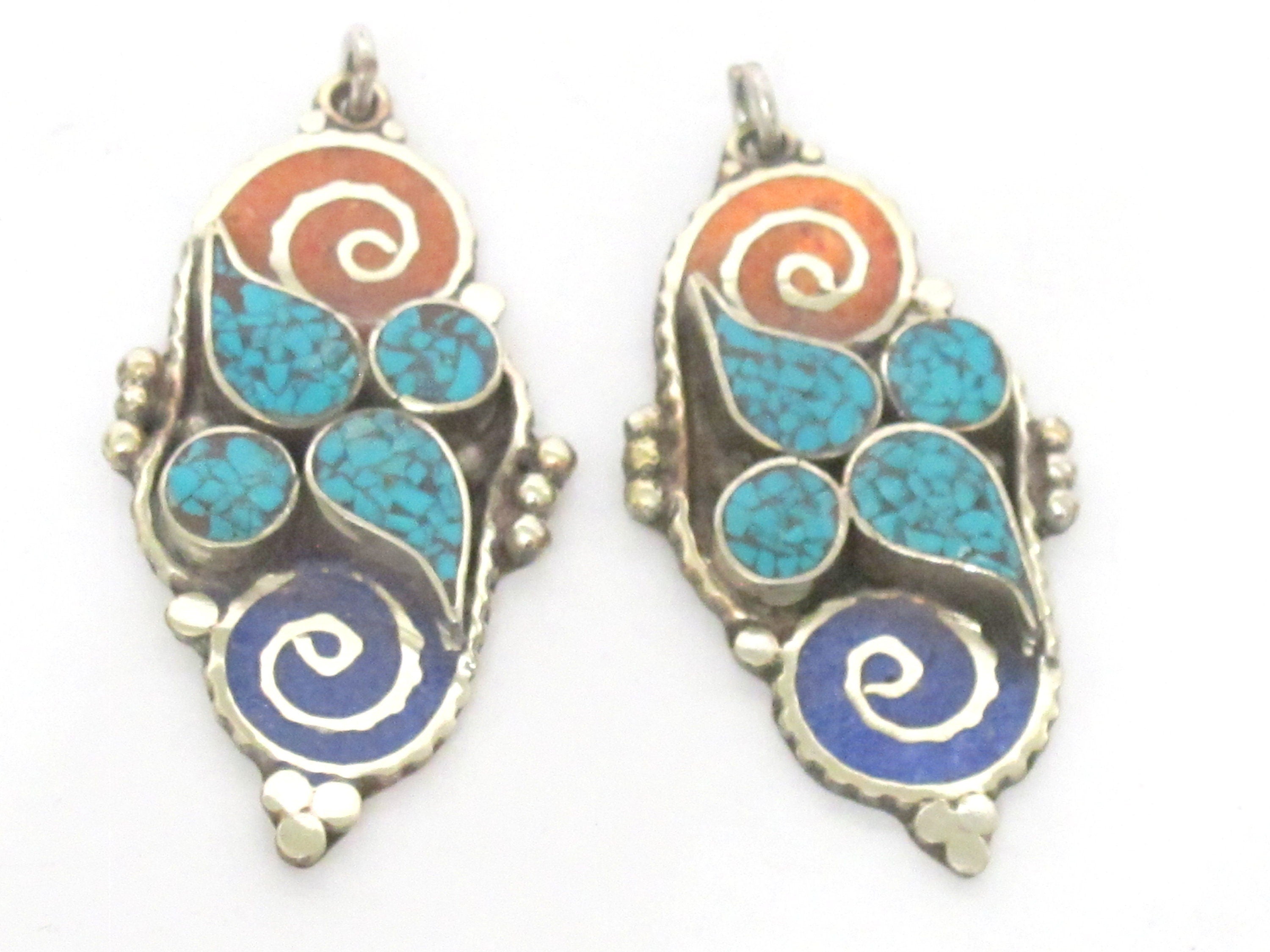 1 pendant - Nepal Tibetan silver double spiral coil floral design charm pendant with turquoise brass inlay salmon orange blue color - PM340H