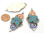1 pendant - Nepal Tibetan silver double spiral coil floral design charm pendant with turquoise brass inlay salmon orange blue color - PM340H
