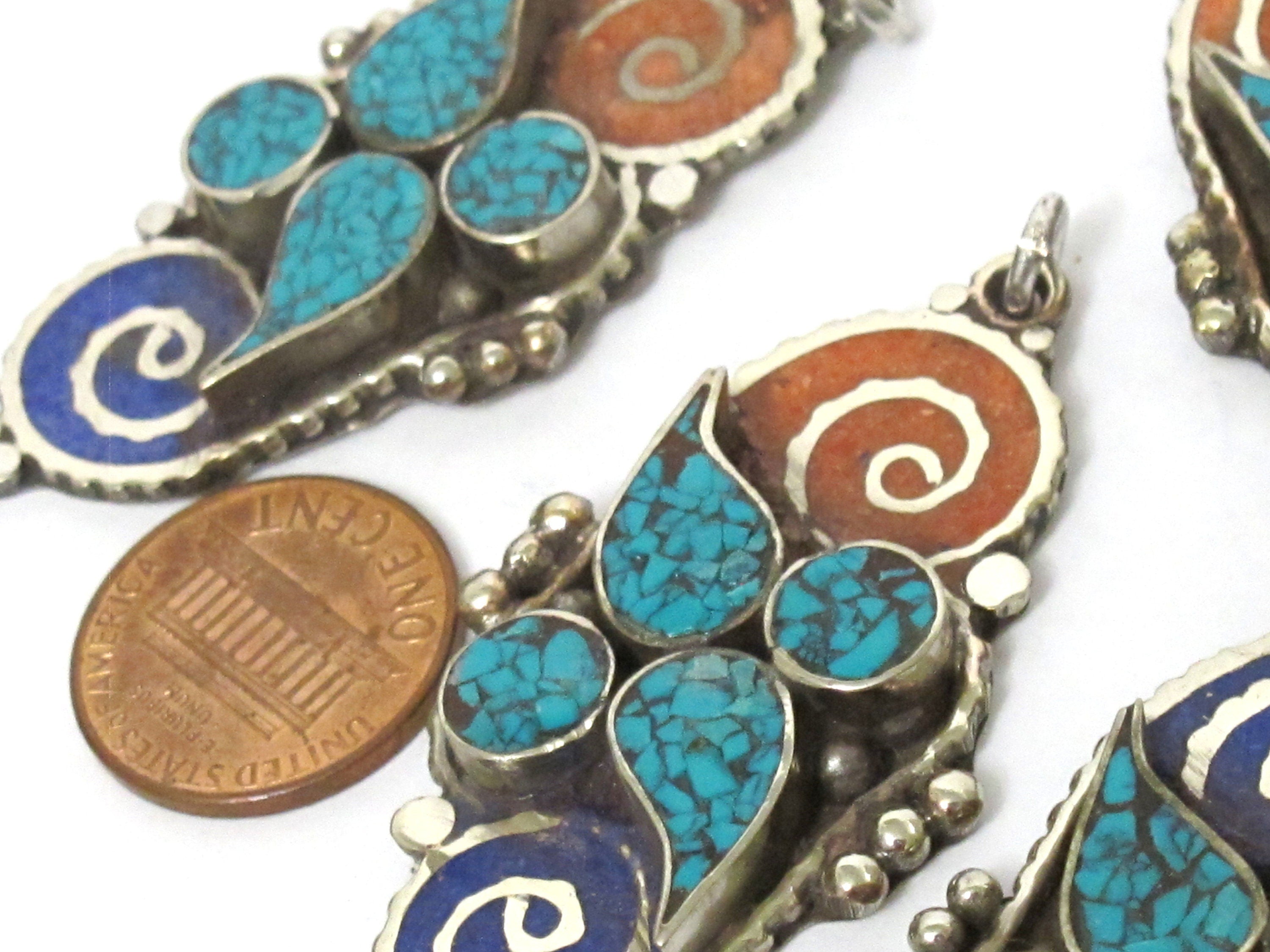 1 pendant - Nepal Tibetan silver double spiral coil floral design charm pendant with turquoise brass inlay salmon orange blue color - PM340H