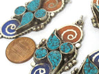 1 pendant - Nepal Tibetan silver double spiral coil floral design charm pendant with turquoise brass inlay salmon orange blue color - PM340H